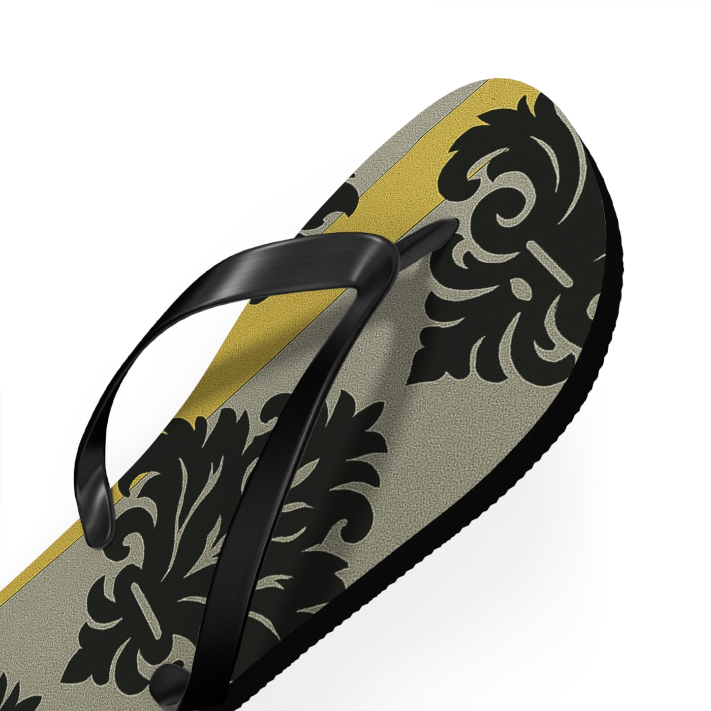 Stylish Flip Flops - Summer Sandals for Beach, Vacation, and Casual Wear - Silver & Gold Striped Black Baroque