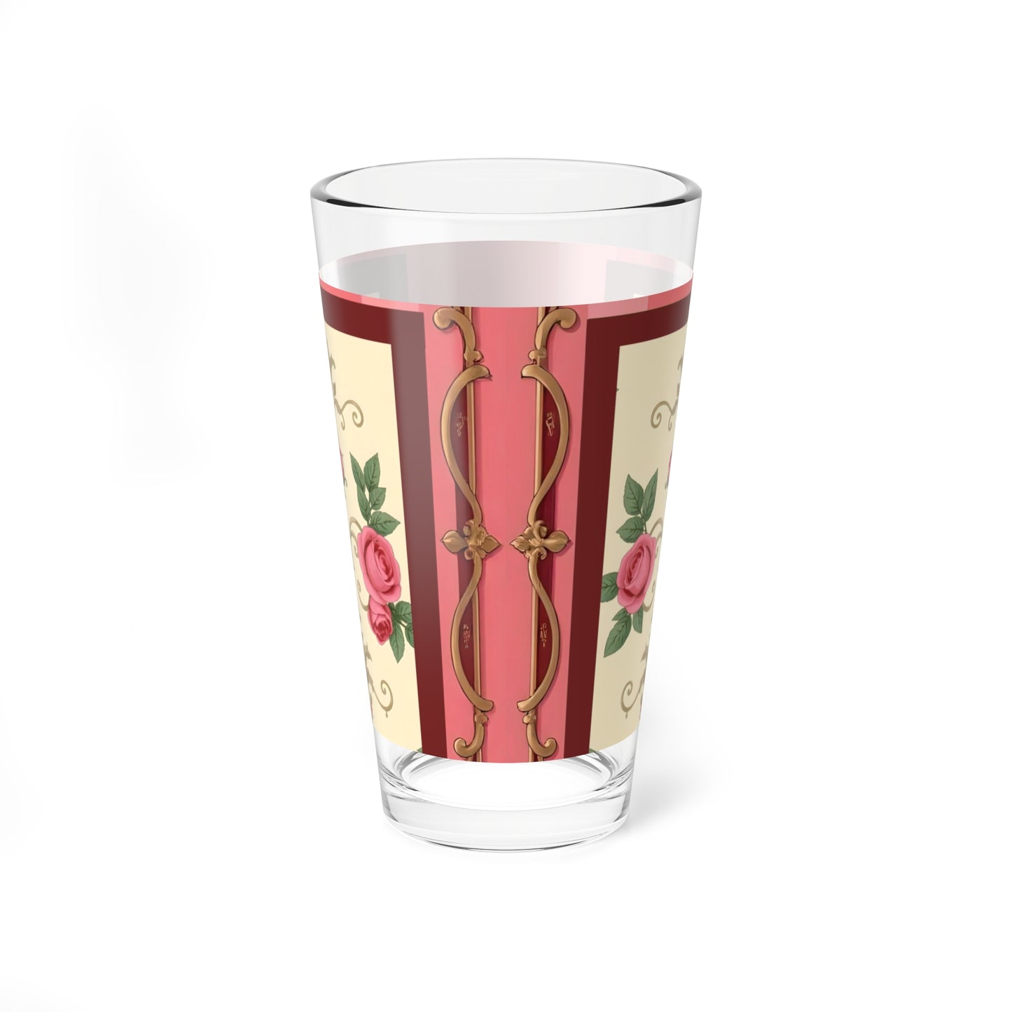 Elegant Floral Mixing Glass - 16oz Cocktail Cup for Home Bar - Pink Striped Baroque & Roses