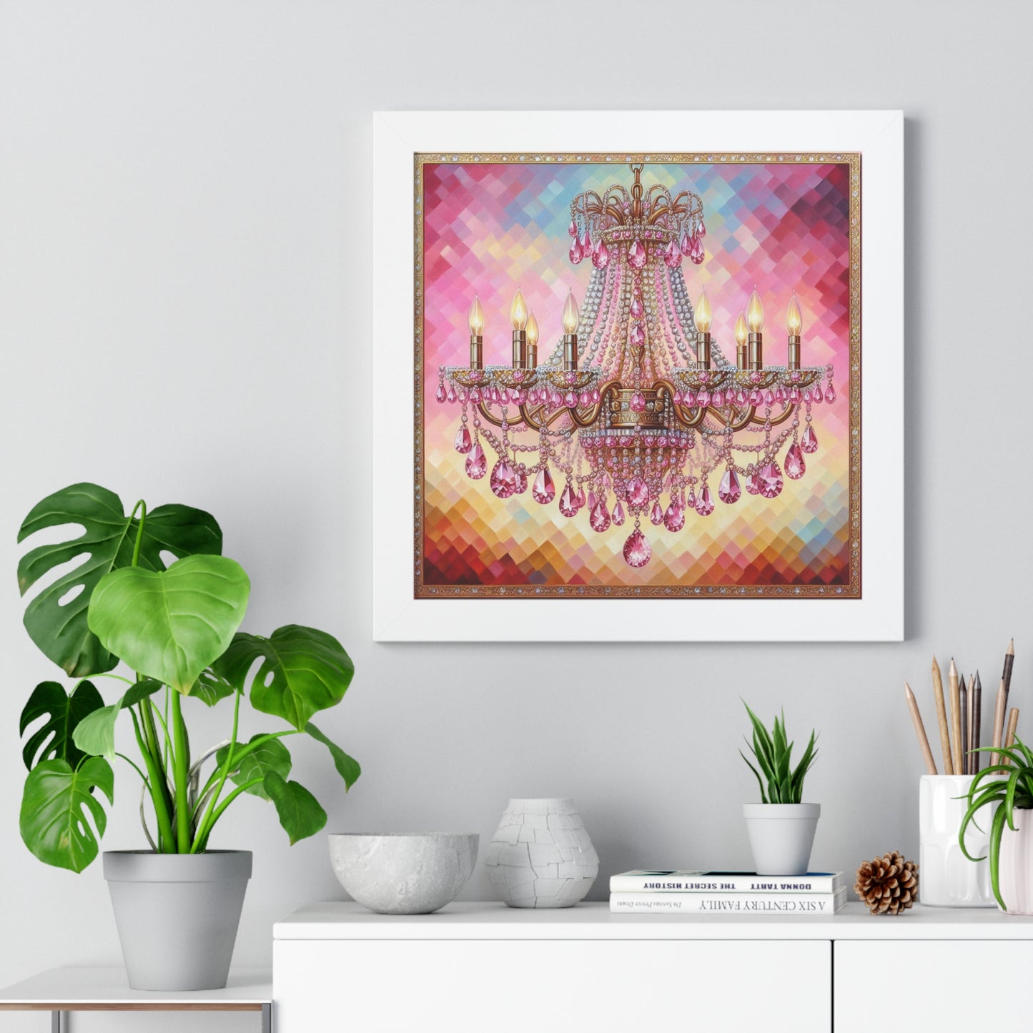 Elegant Chandelier Framed Poster, Glam Home Decor, Wall Art, Bridal Shower Gift, Living Room Decoration, Luxury Wall Art - Pink Jeweled Chandelier