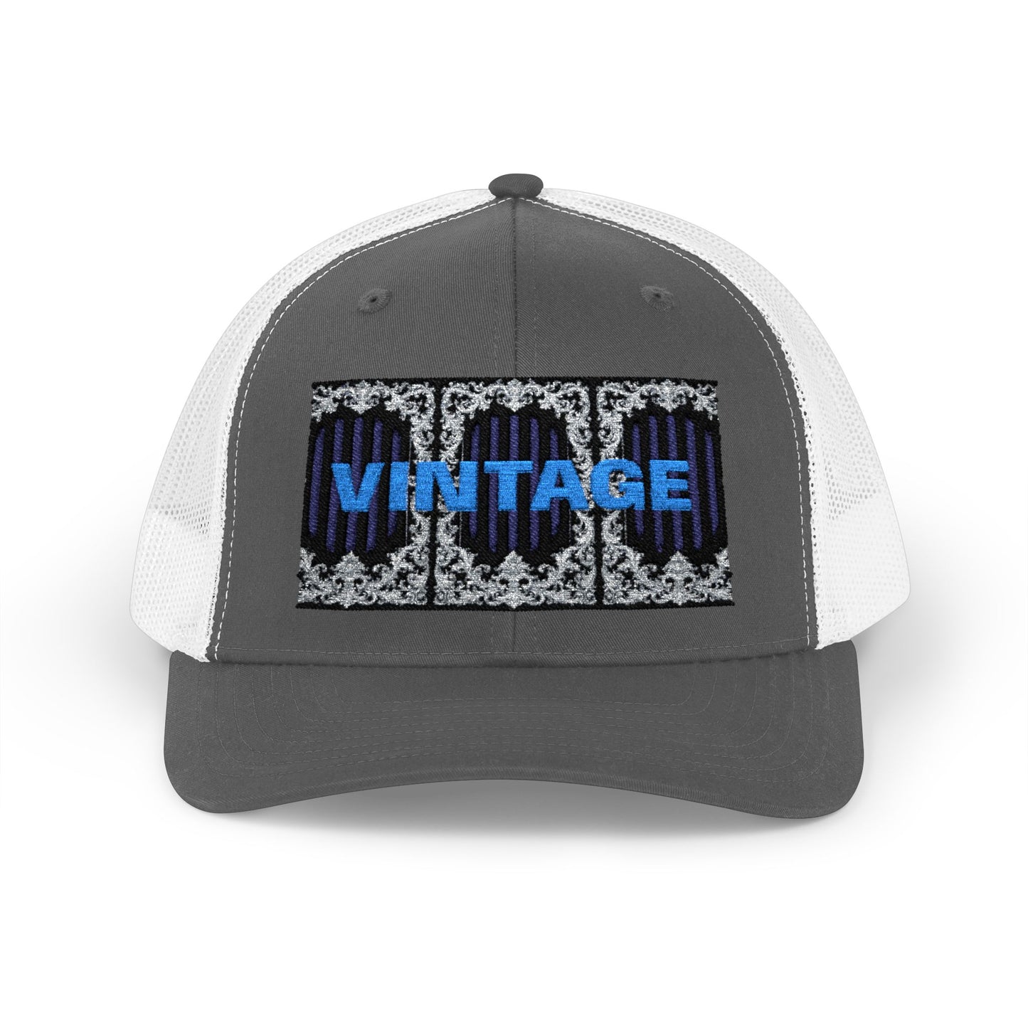Vintage Navy Stripes & Baroque Trucker Cap — Retro 'VINTAGE' Embroidered Snapback