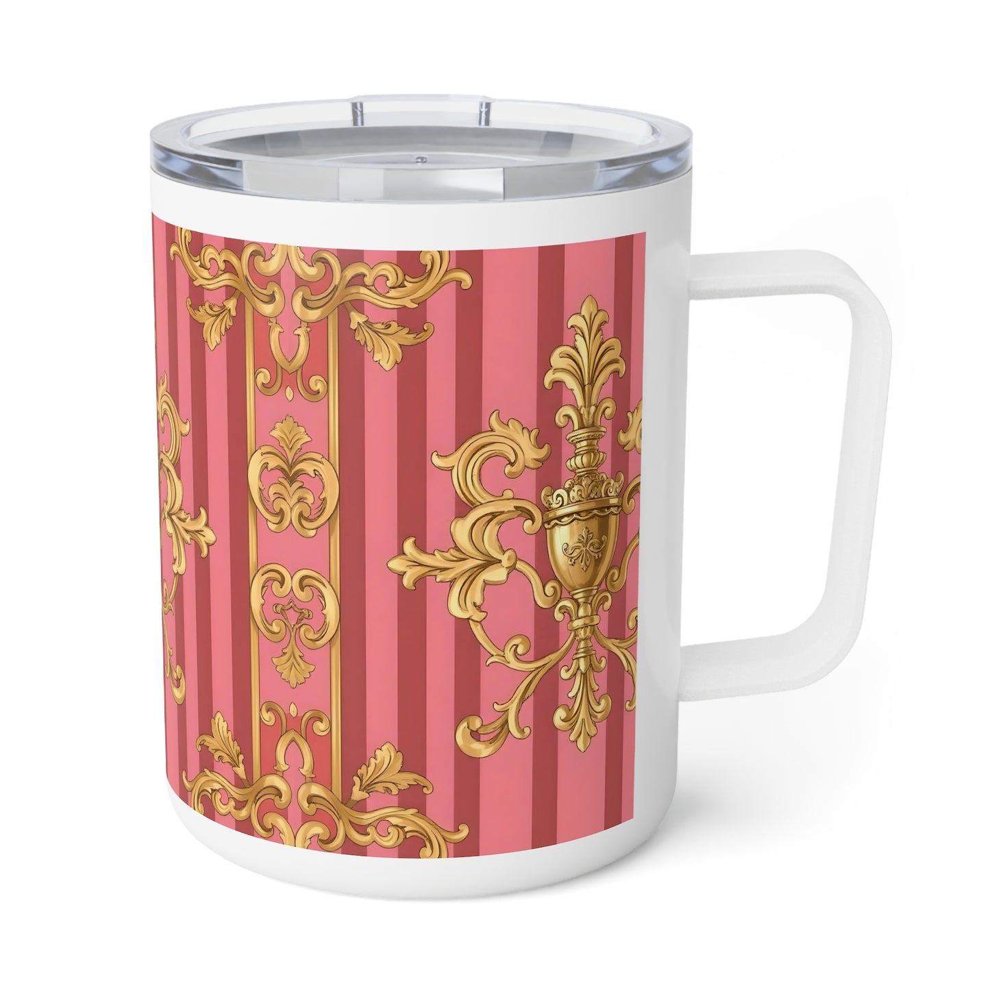 Chic Insulated Coffee Mug - Elegant Pink & Gold Design, Perfect Gift for Coffee Lovers, Housewarming - Pink Striped Gold Baroque