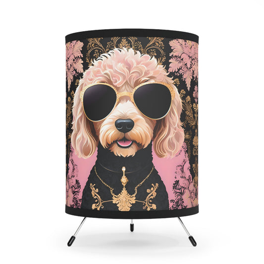 Tripod Lamp with Floral Print Shade - Vintage Home Decor Accent - Golden Doodle in Sunglasses Design
