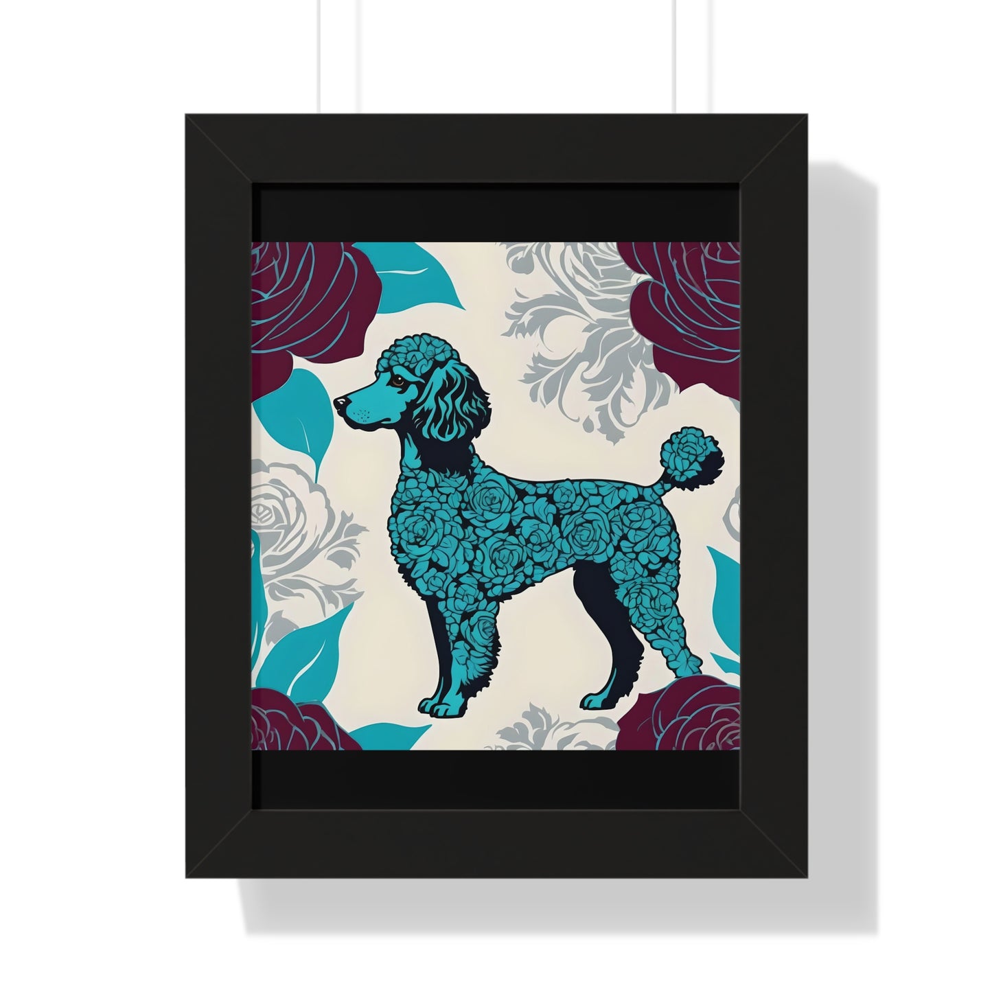 Vertical Poster - Stylish Framed - Art for Home Decor - Rose Inspired Turquoise Poodle With Burgundy Roses