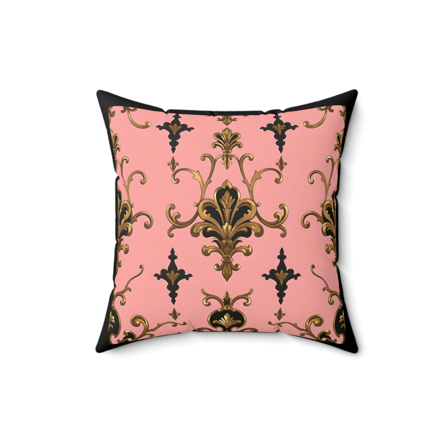 Elegant Faux Suede Pillow with Gold Baroque Design, Decorative Cushion for Home Decor, Throw Pillow - Pink, Black & Gold Rococo