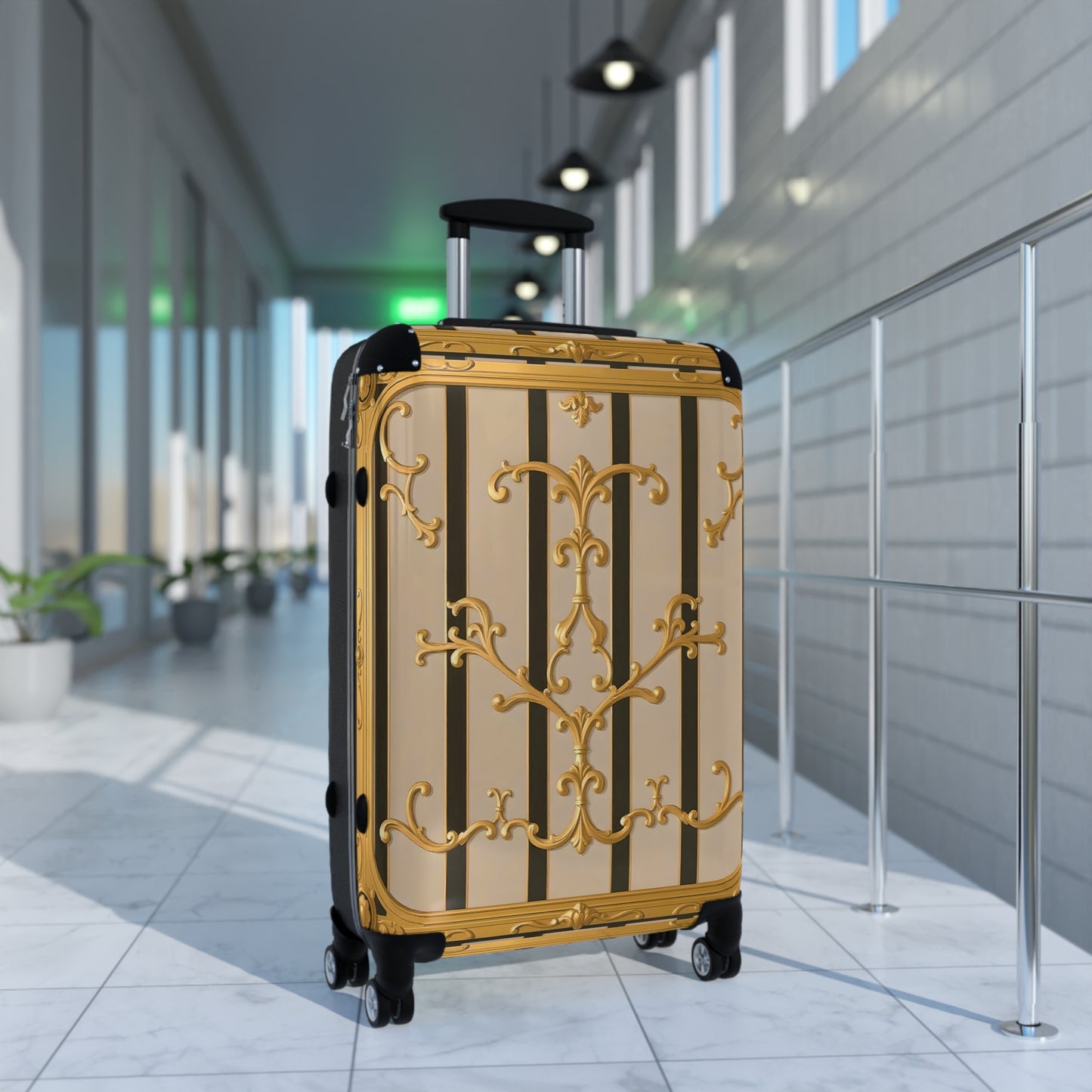 Elegant Travel Suitcase with Vintage Design, Stylish Luggage for Adventurers, Holiday Travel Gear - Beige Striped Gold Rococo