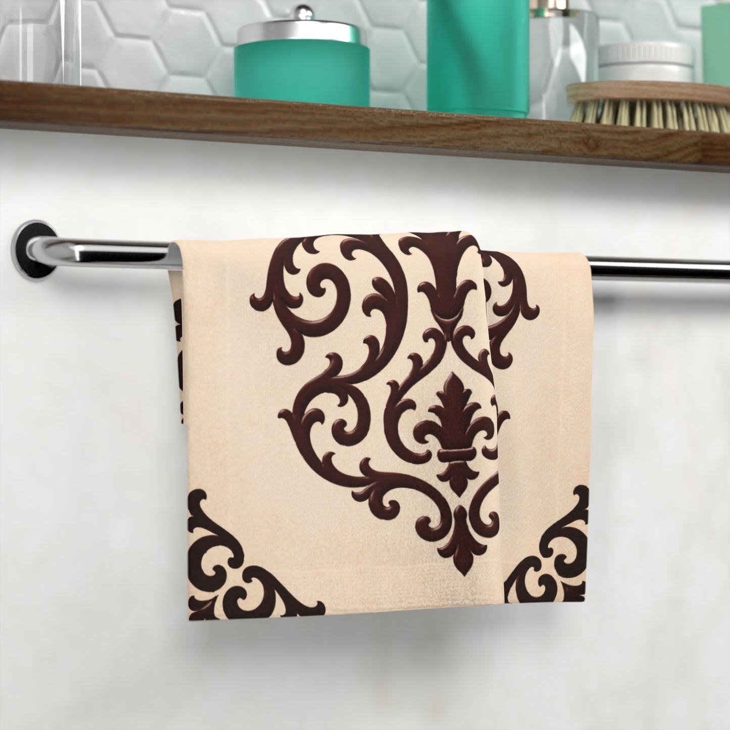 Almond-Beige & Brown Baroque Face Towel — Elegant Brown Baroque Floral Washcloth