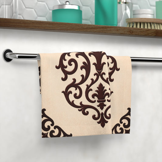 Almond-Beige & Brown Baroque Face Towel — Elegant Brown Baroque Floral Washcloth