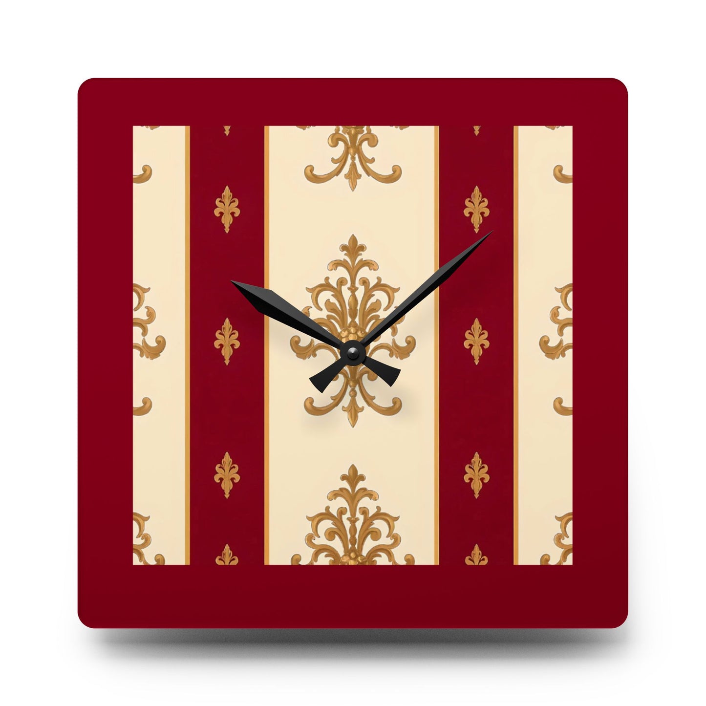 Bohemian Damask-Inspired Acrylic Wall Clock with Floral Design - Dusk Red Striped Gold Damask