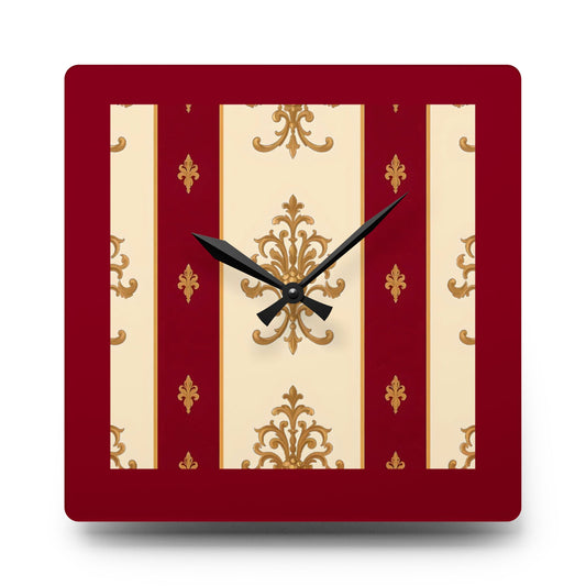 Bohemian Damask-Inspired Acrylic Wall Clock with Floral Design - Dusk Red Striped Gold Damask