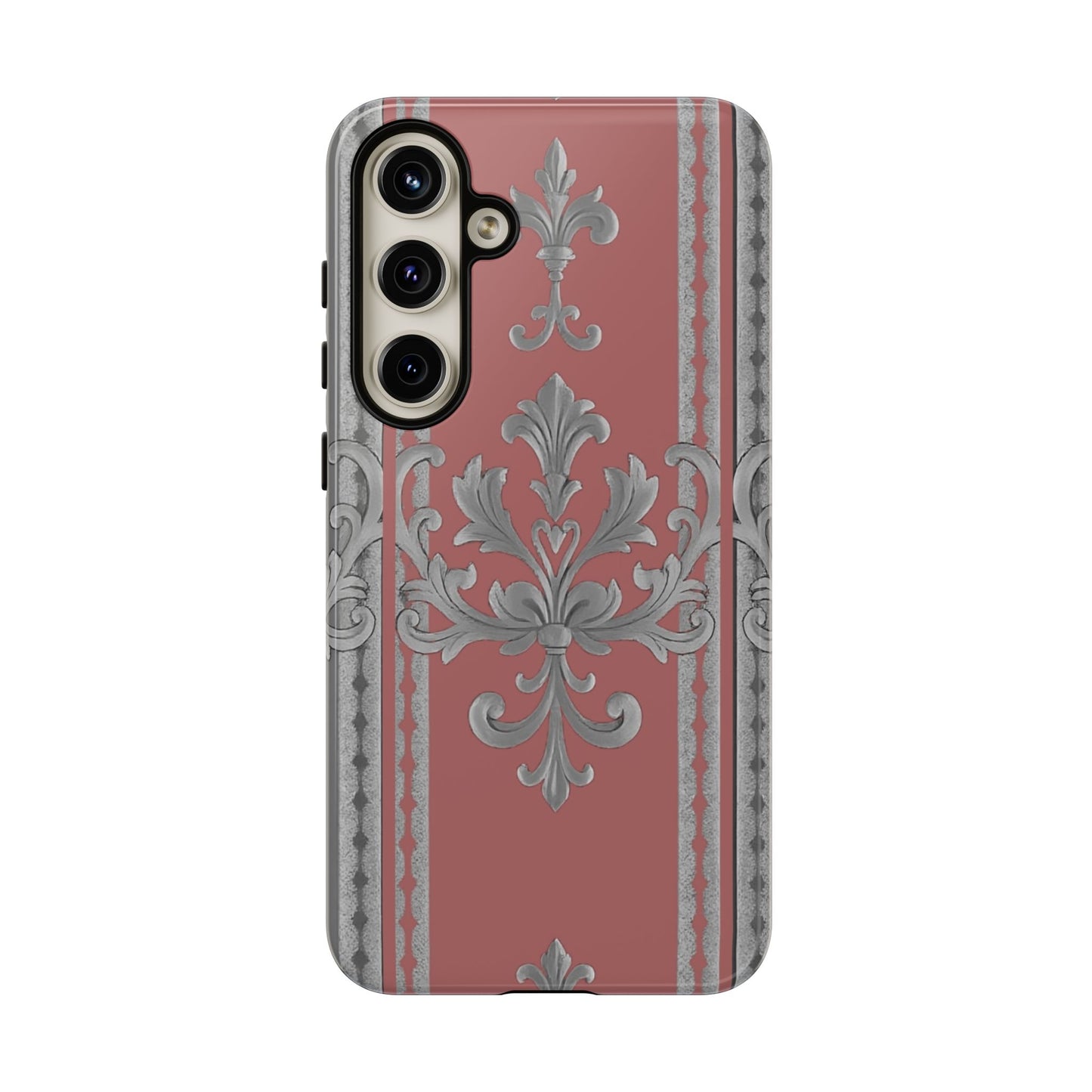 Elegant Floral Phone Case - Tough Cases for Stylish Protection - Gray & Mauve Striped Baroque
