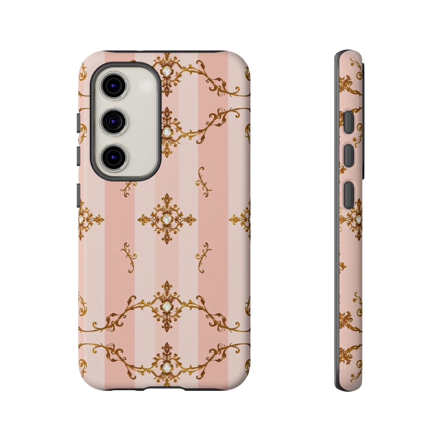 Elegant Floral Phone Case, Tough Cases for Women, Trendy Phone Cover, Chic Gift - Pink Jeweled Striped Gold Baroque