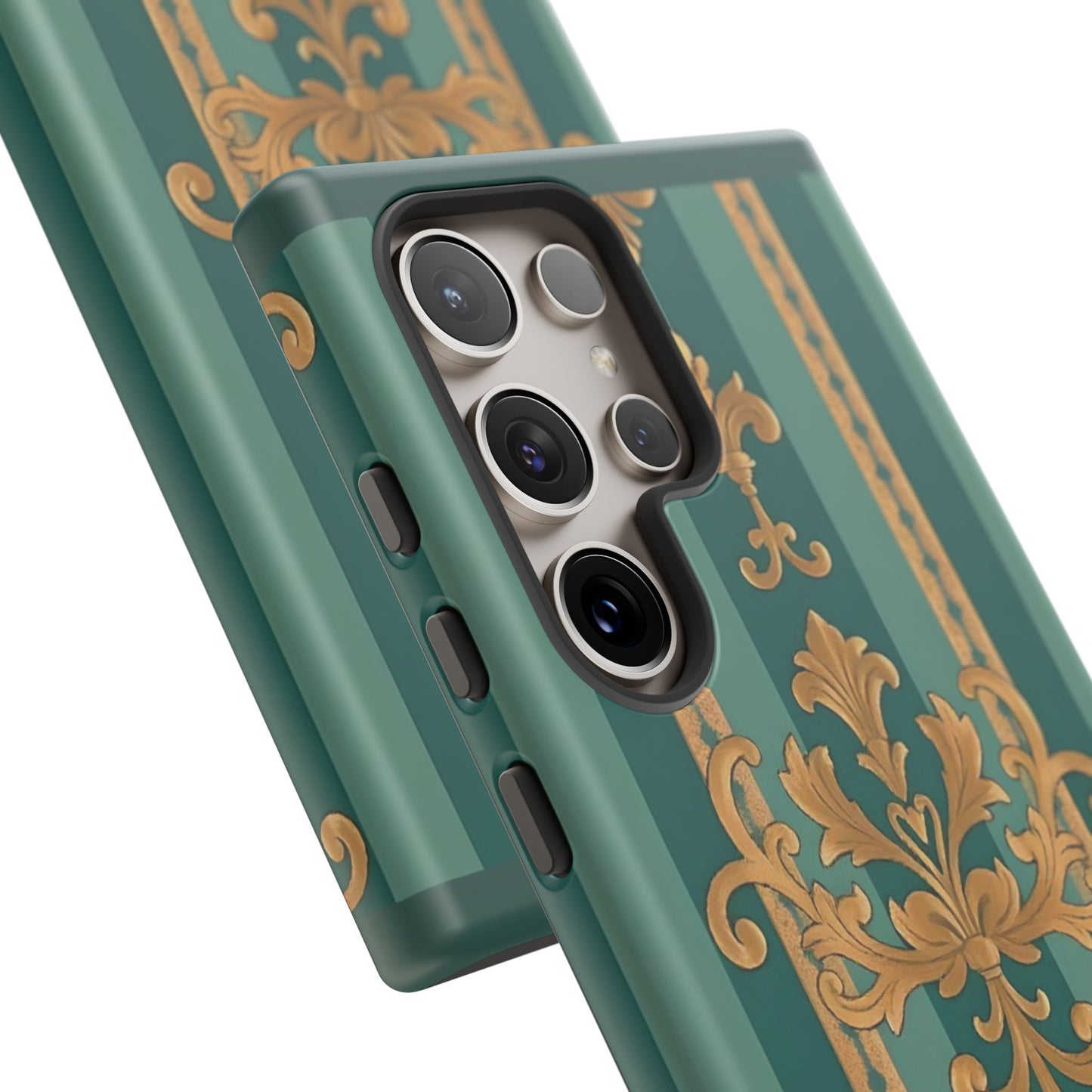 Elegant Floral Motif Phone Case - Tough Cases with Vintage Design - Teal Striped Gold Damask