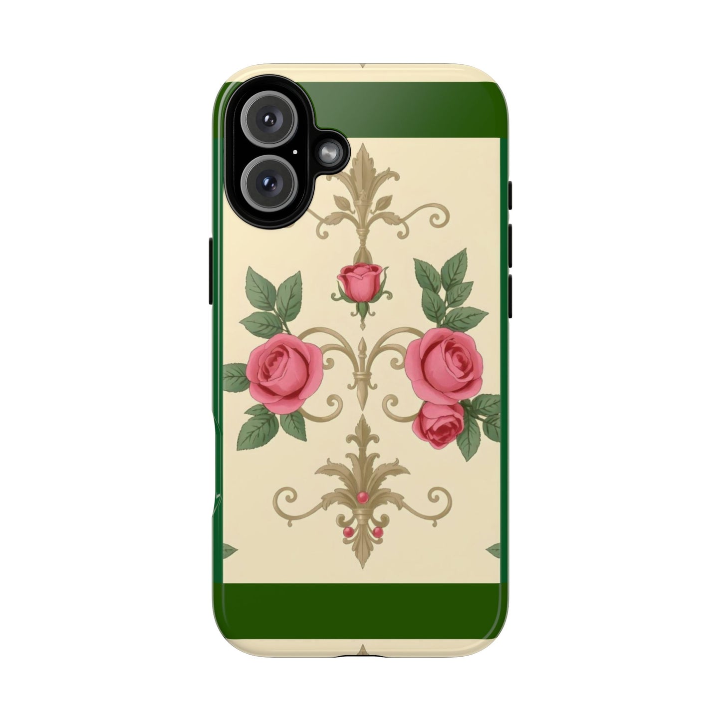Elegant Floral Motif Phone Case - Tough Cases with Vintage Design - Green Border Roses & Damask