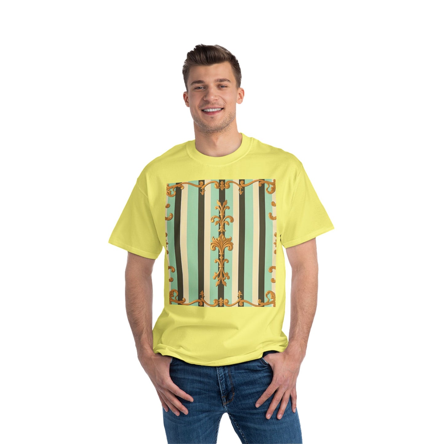 Vintage-Inspired Short-Sleeve T-Shirt, Casual Wear, Graphic Tee, Retro Style, Summer Fashion, Gift for Her - Black & Matte Mint Striped Rococo
