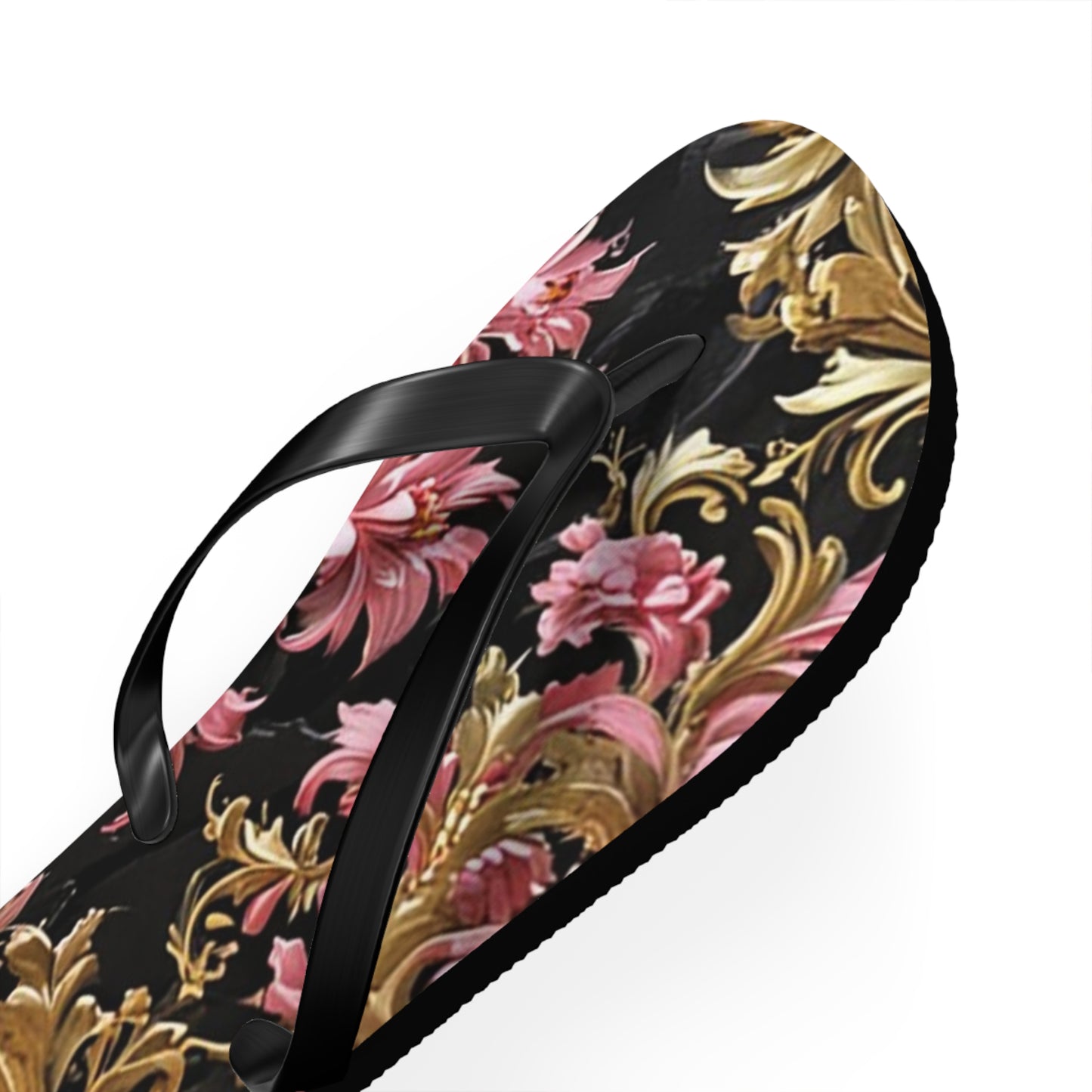 Elegant Floral Flip Flops - Summer Footwear, Beach Sandals, Vacation Accessories, Travel Essentials - Black & Pink Oil Painting Style Rococo