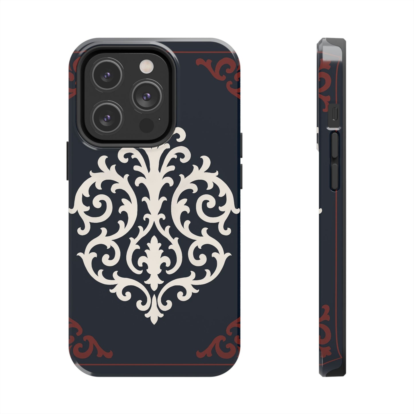 Dusk Blue-Maroon & White Baroque Tough Phone Case — Vintage Scroll Design