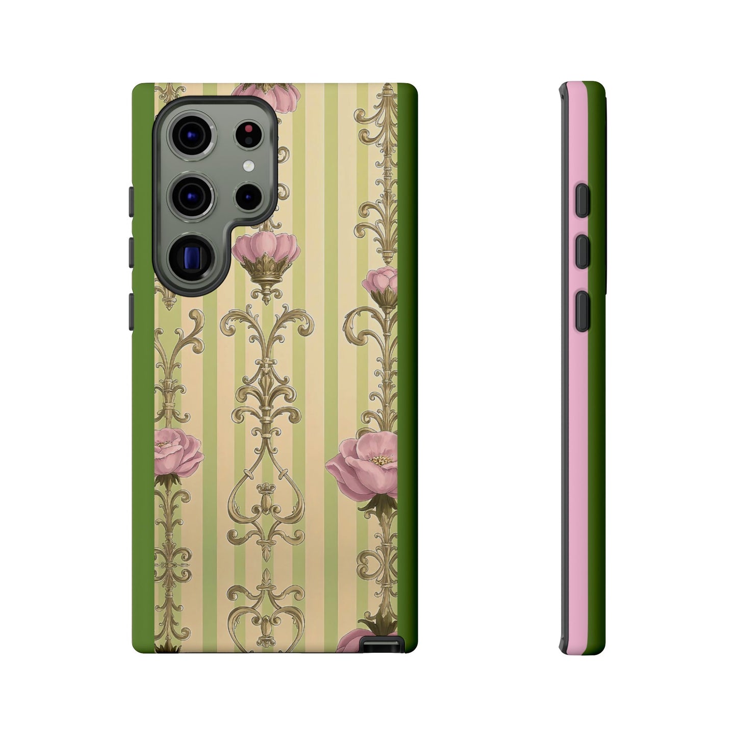 Elegant Floral Motif Phone Case - Tough Cases with Vintage Design - Lime Green & Pink Striped Damask