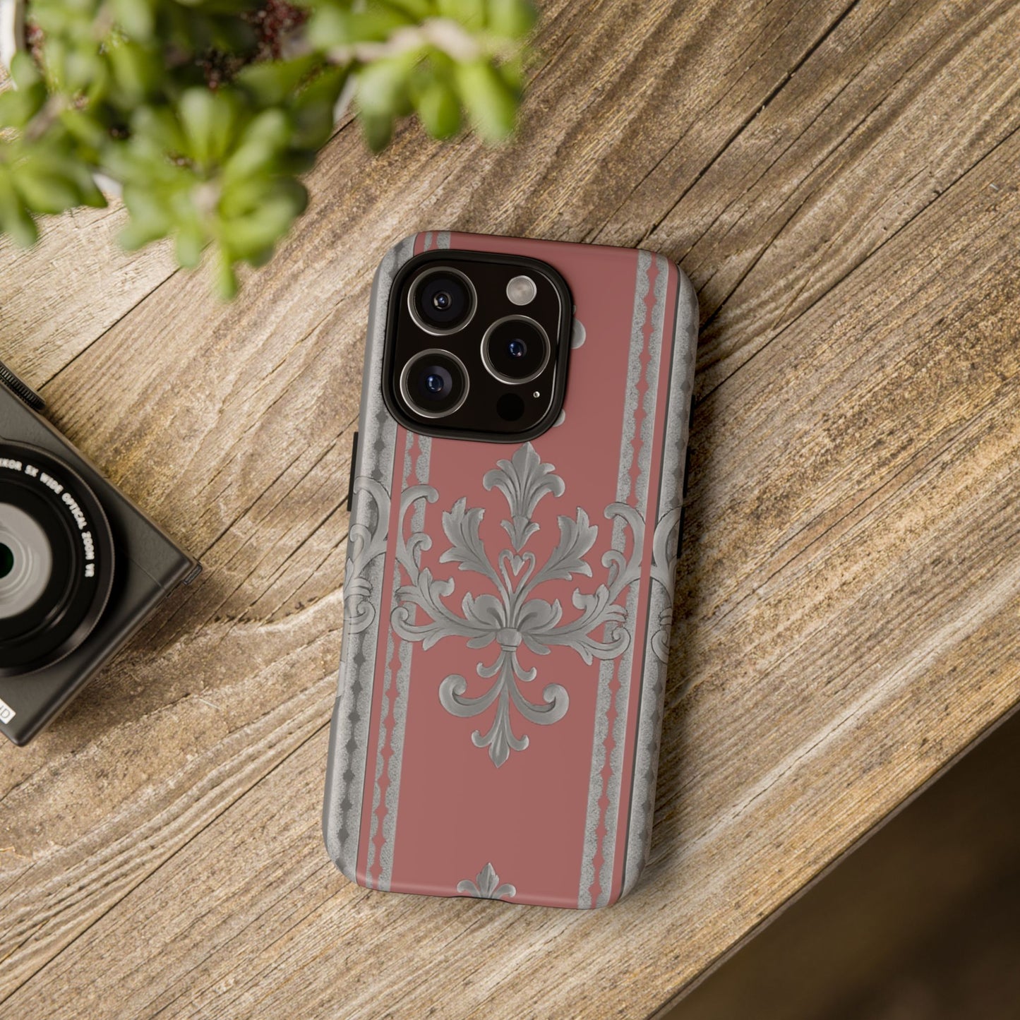 Elegant Floral Phone Case - Tough Cases for Stylish Protection - Gray & Mauve Striped Baroque