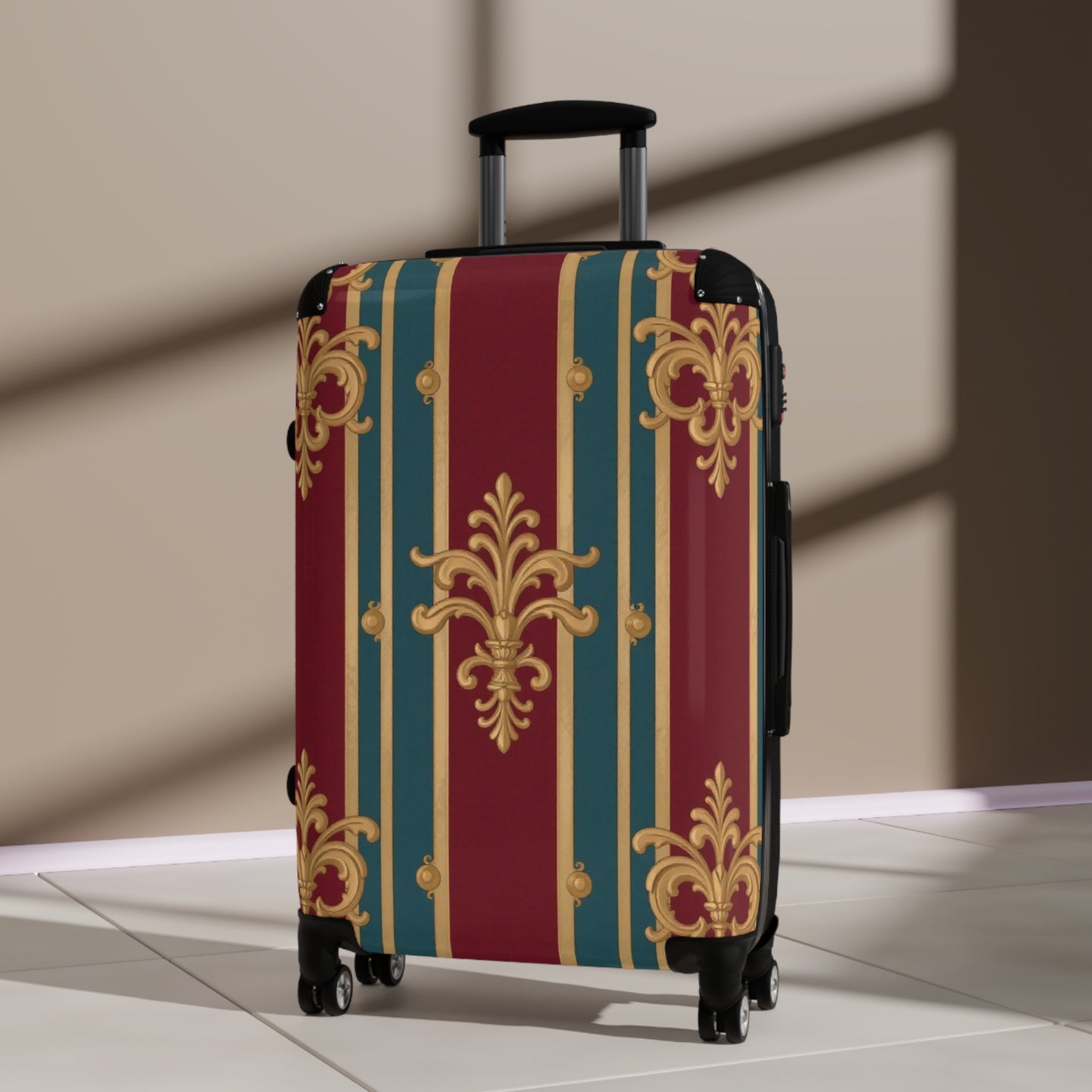 Elegant Travel Suitcase, Vintage Floral Luggage, Stylish Carry-On, Unique Vacation Bag, Perfect Gift for Travelers - Burgundy Striped Gold Baroque