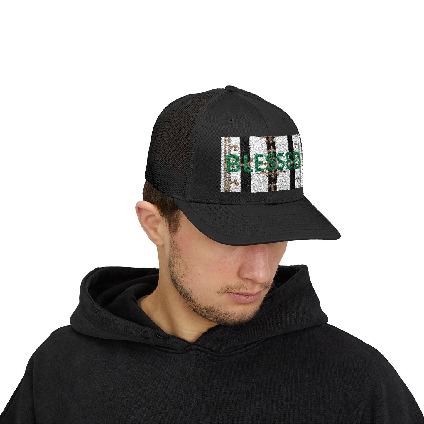 Blessed Snapback Trucker Cap | Casual Style, Outdoor Gear, Faith-Based Gift, Adjustable Hat, Everyday Fashion - Black & White Striped Gold Baroque
