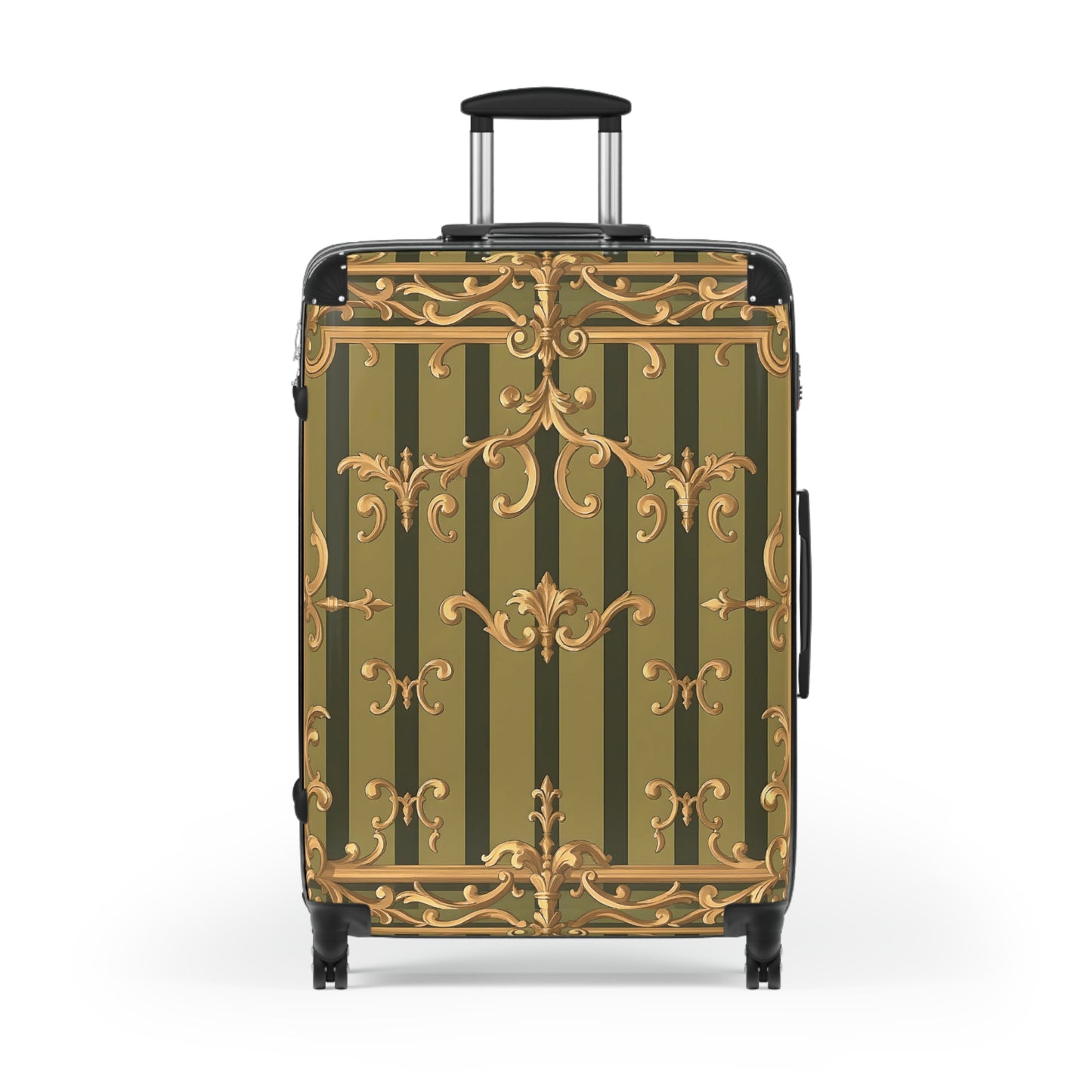 Ornate Travel Suitcase, Stylish Luggage for Adventurers, Vintage-Inspired Carry-On - Olive Green Striped Rococo