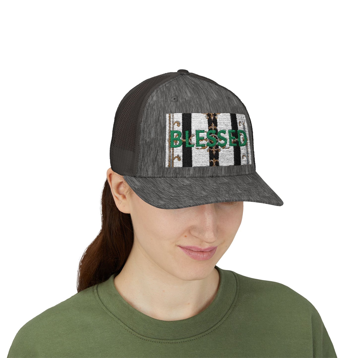 Blessed Snapback Trucker Cap | Casual Style, Outdoor Gear, Faith-Based Gift, Adjustable Hat, Everyday Fashion - Black & White Striped Gold Baroque