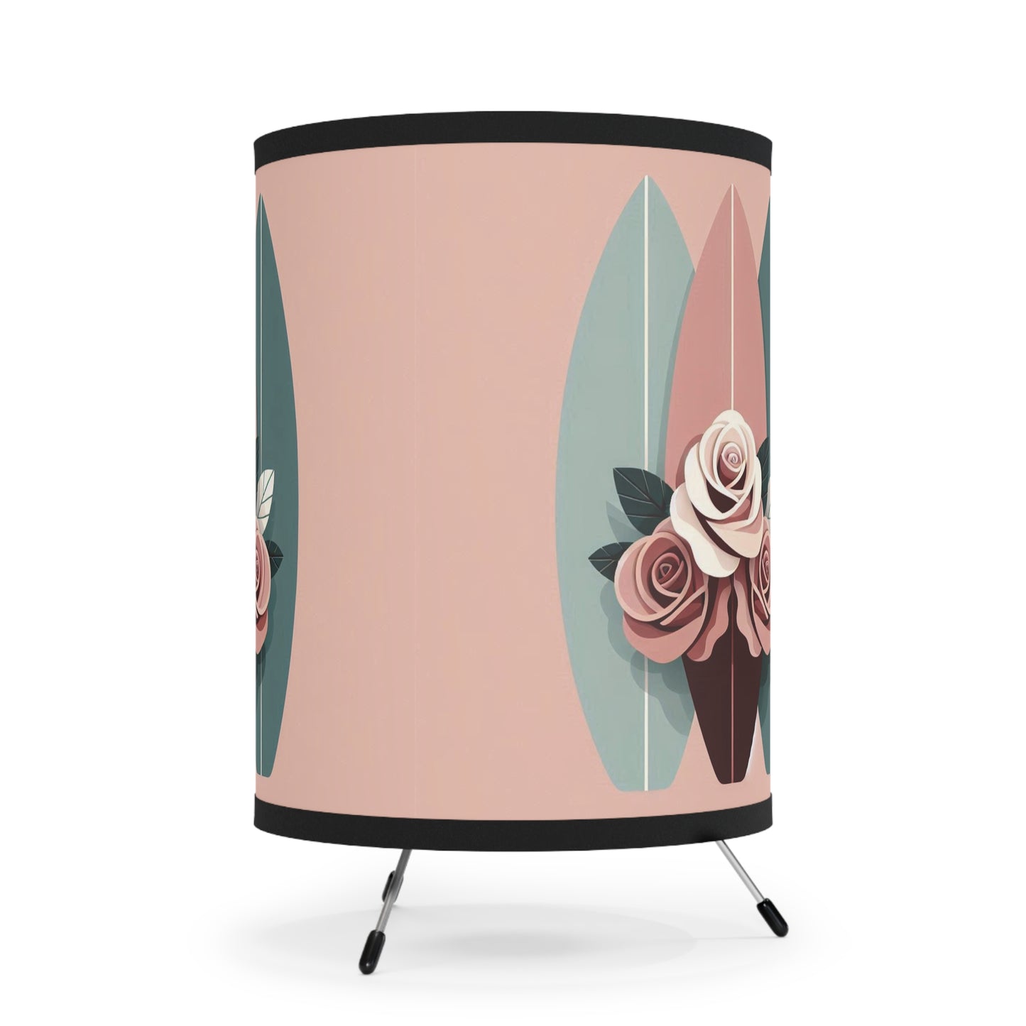 Boho Surf Tripod Lamp with Floral Design - High-Res Printed Shade - Burgundy, Matte Mauve & Teal Surfboard & Roses Design