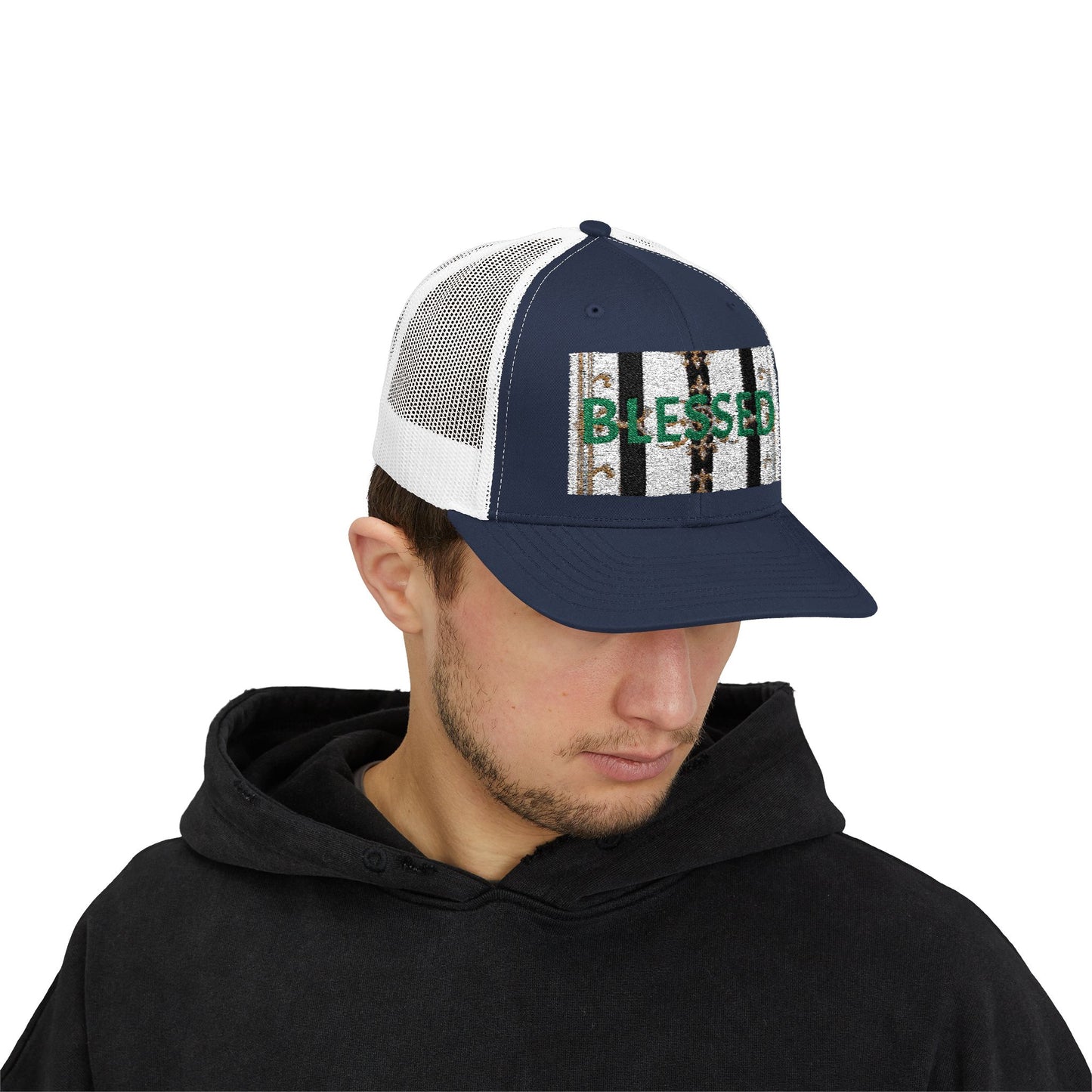 Blessed Snapback Trucker Cap | Casual Style, Outdoor Gear, Faith-Based Gift, Adjustable Hat, Everyday Fashion - Black & White Striped Gold Baroque