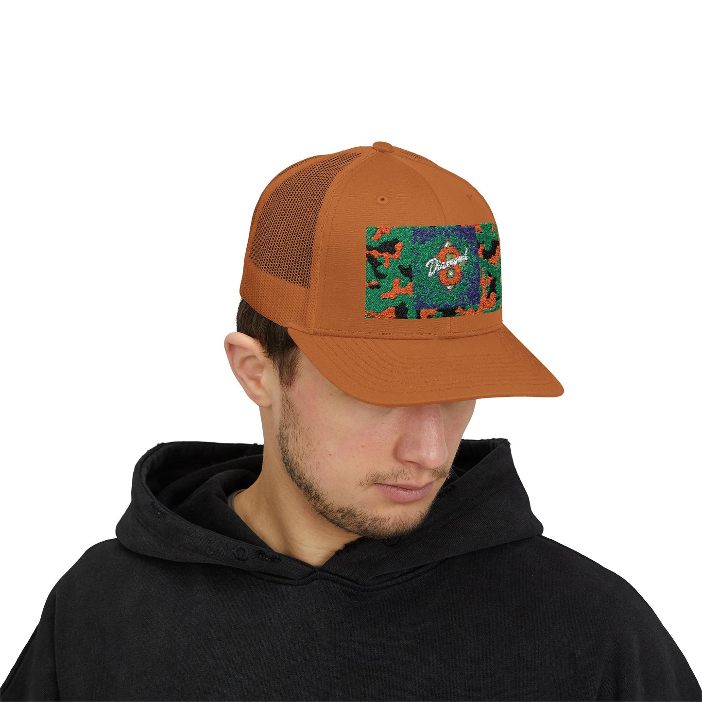 Colorful Camouflage Snapback Trucker Cap, Casual Hat, Outdoor Gear, Unisex Headwear, Gift for Him/Her - Green & Orange Camo Diamond 8