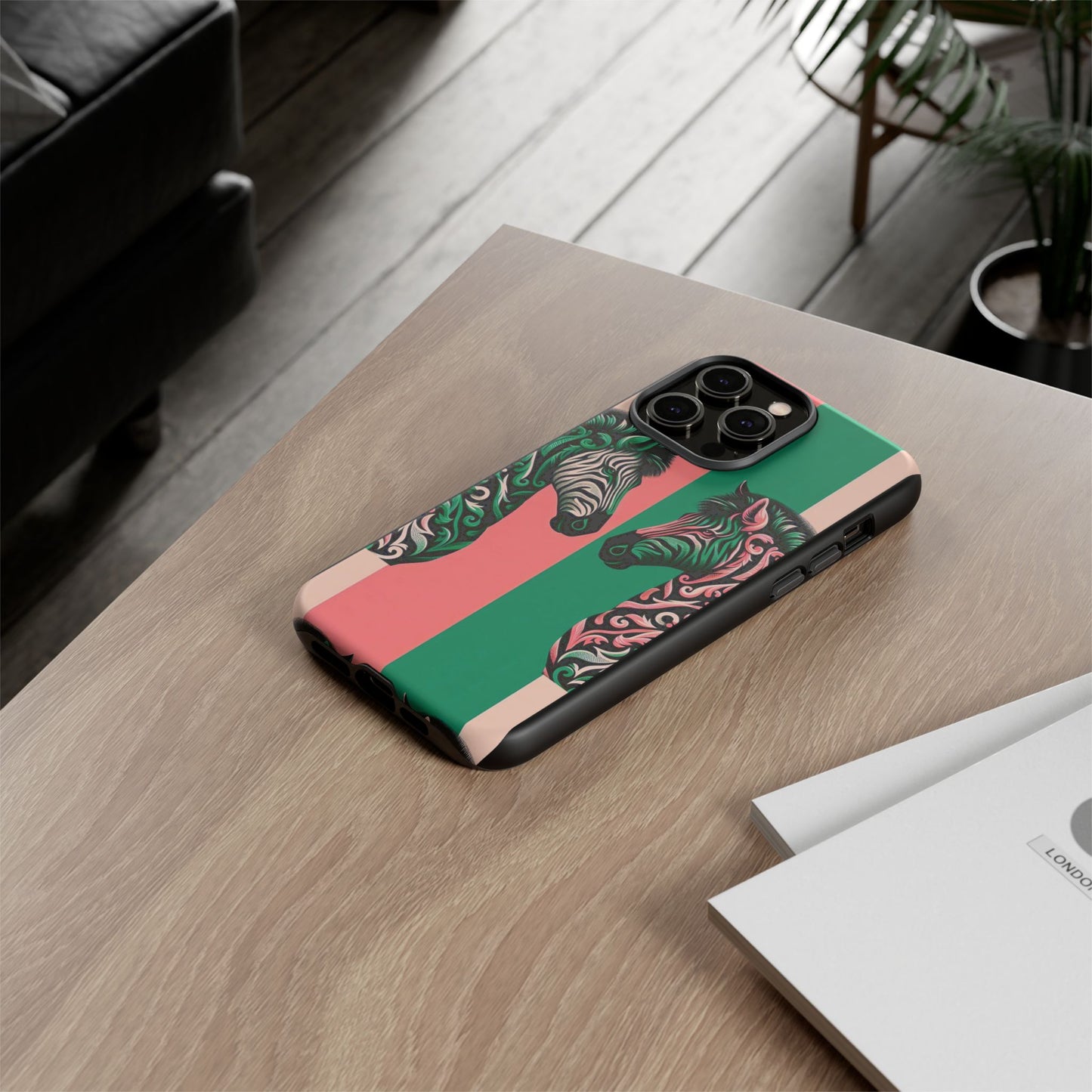 Phone Case - Elegant Pink & Green Zebra Damask Design