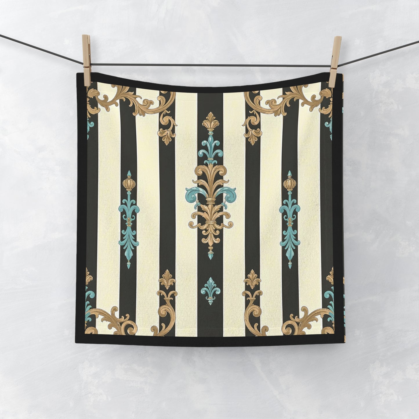 Elegant Patterned Face Towel - Luxurious Bath Accessory, Decorative Hand Towel, Gift for Home Decor - Black Striped Turquoise & Black Rococo