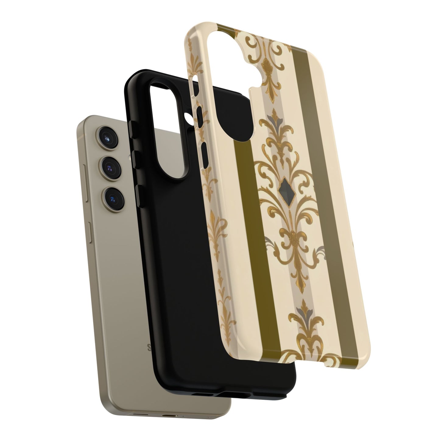 Elegant Floral Motif Phone Case - Tough Cases with Vintage Design - Olive Striped Gold Damask