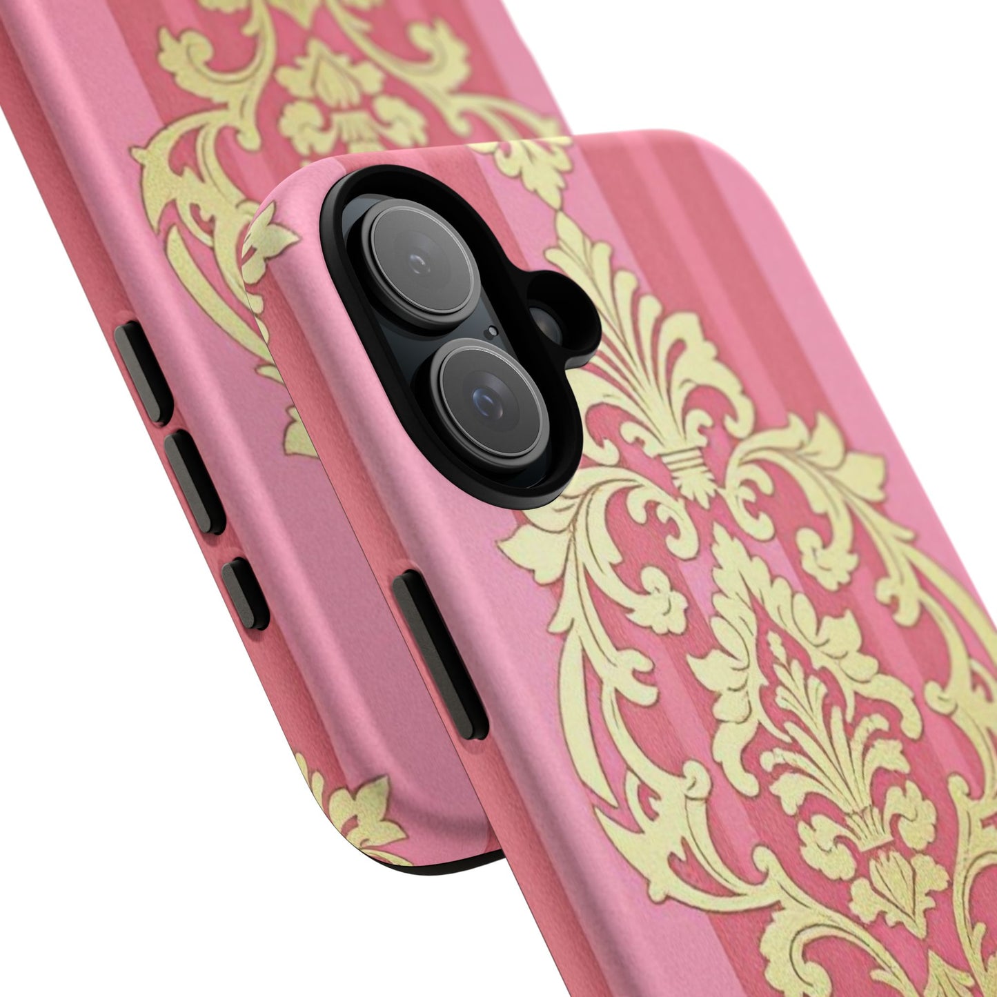 Elegant Floral Motif Phone Case - Tough Cases with Vintage Design - Pink Striped Damask