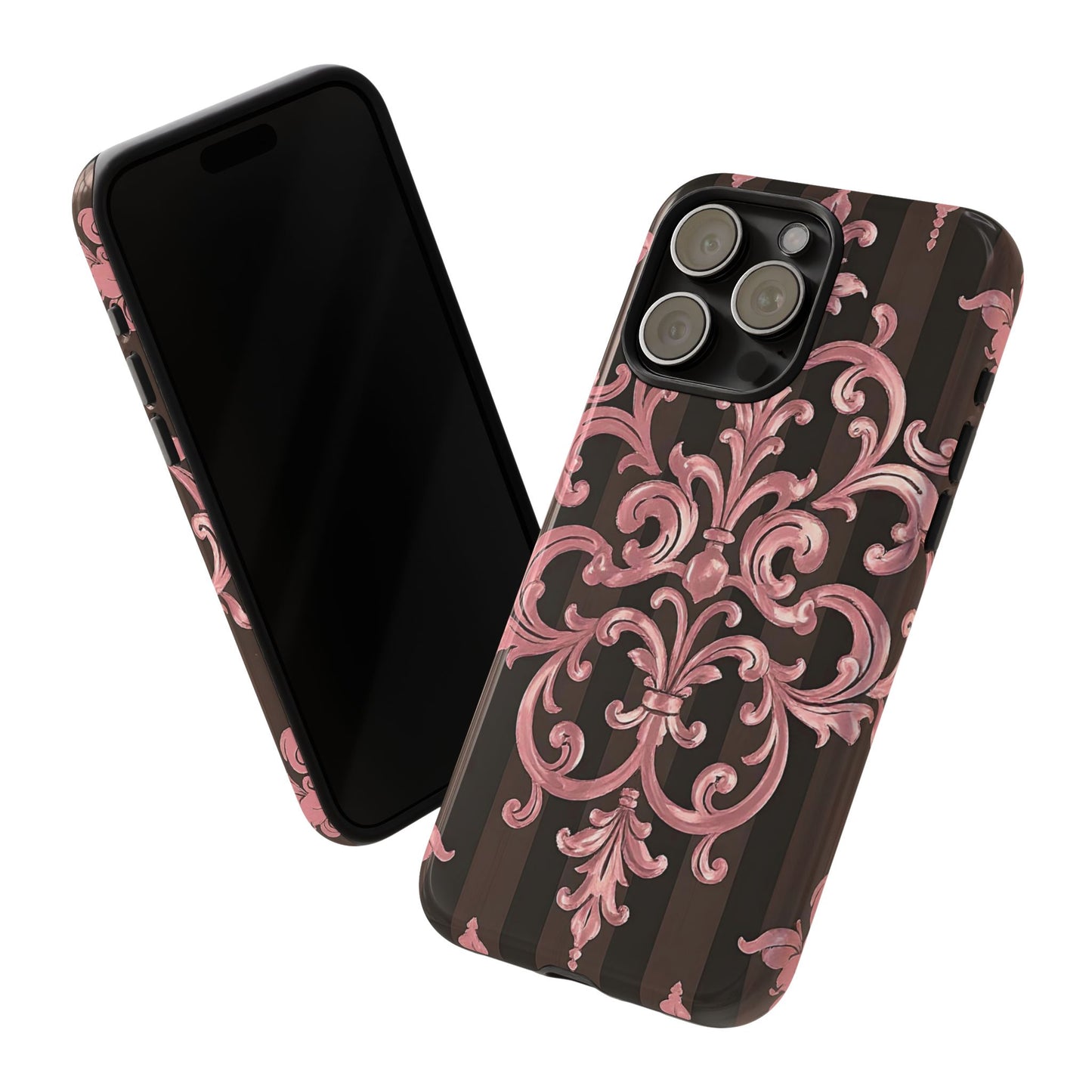 Elegant Floral Motif Phone Case - Tough Cases with Vintage Design - Brown Striped Mauve Damask