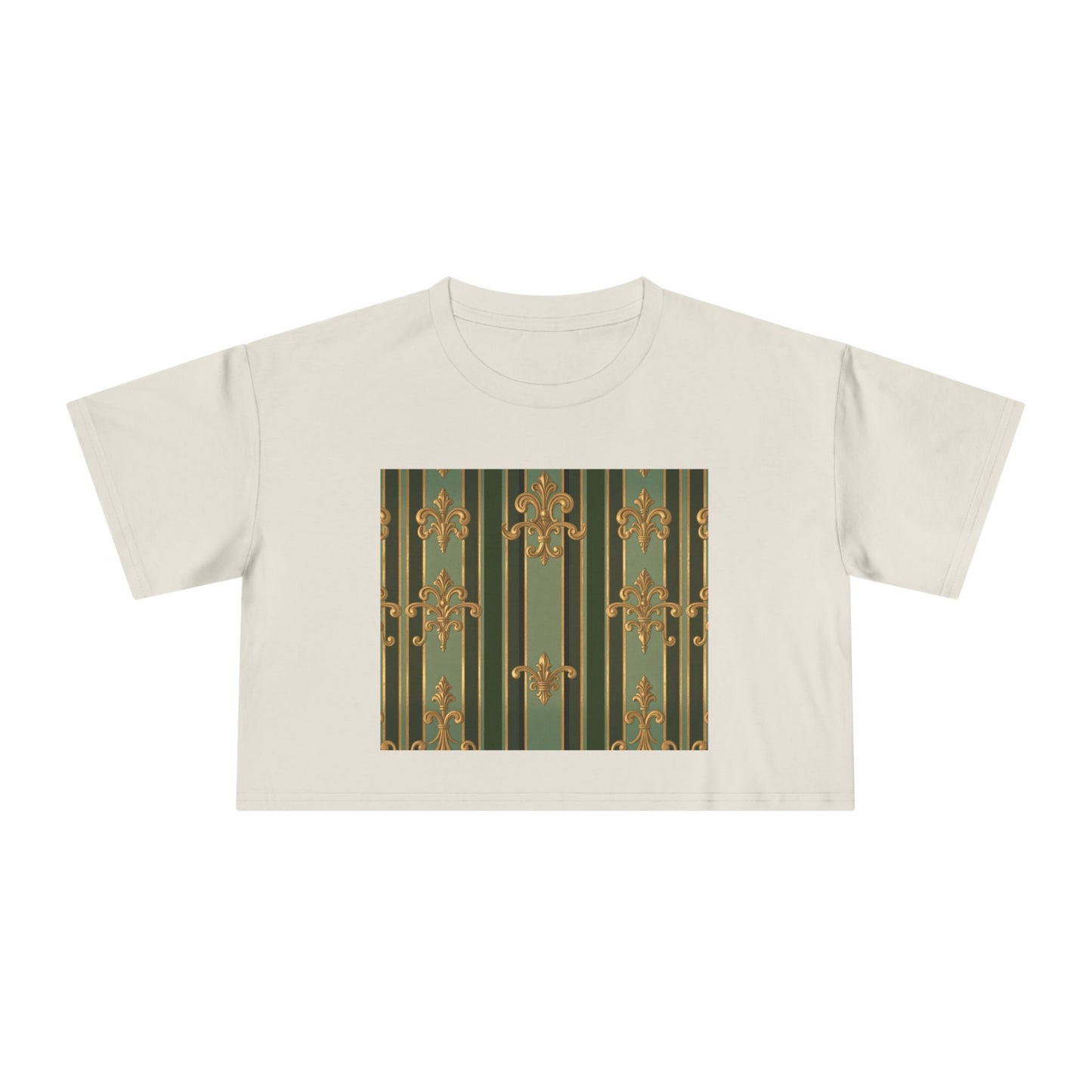 Chic Baroque Women's Crop Tee, Trendy Summer Top, Casual Outing Shirt, Stylish Layering Piece, Gift for Her - Green Striped Gold Baroque