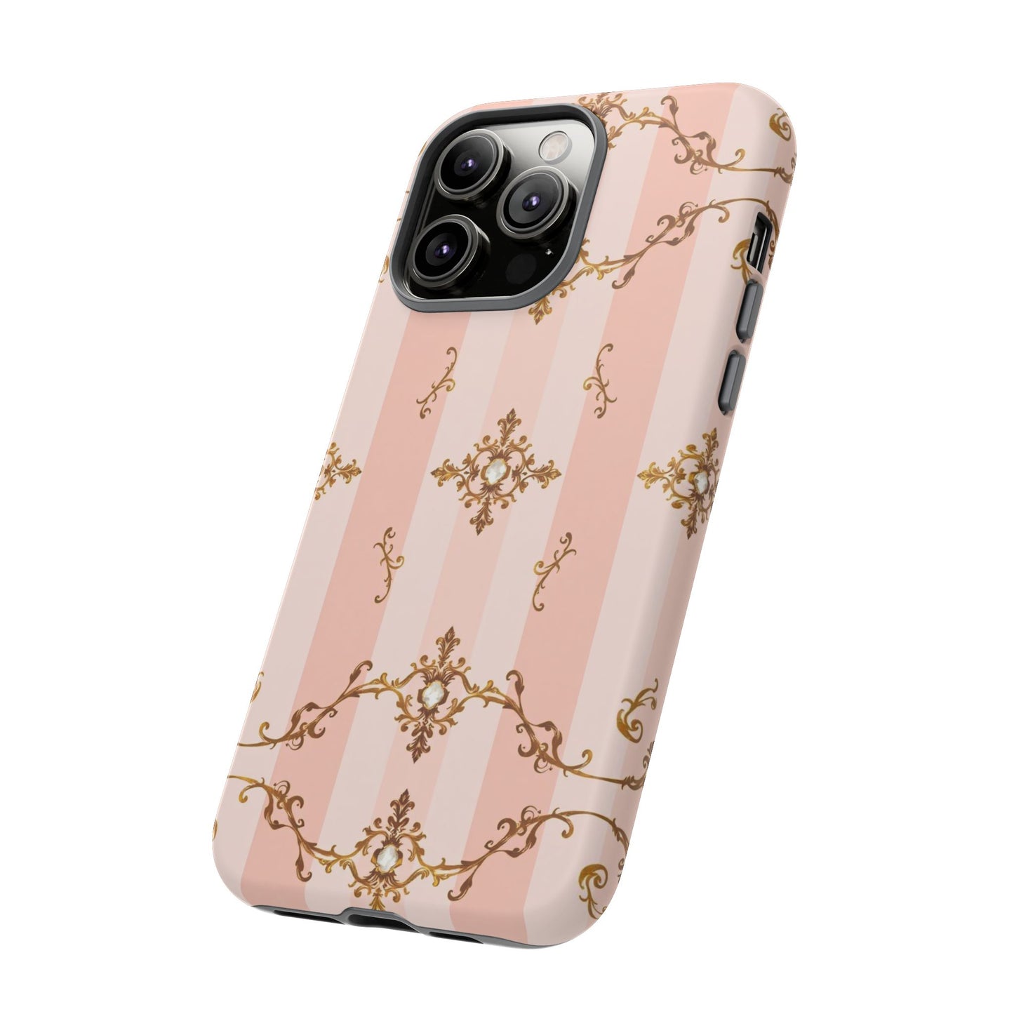 Elegant Floral Phone Case, Tough Cases for Women, Trendy Phone Cover, Chic Gift - Pink Jeweled Striped Gold Baroque