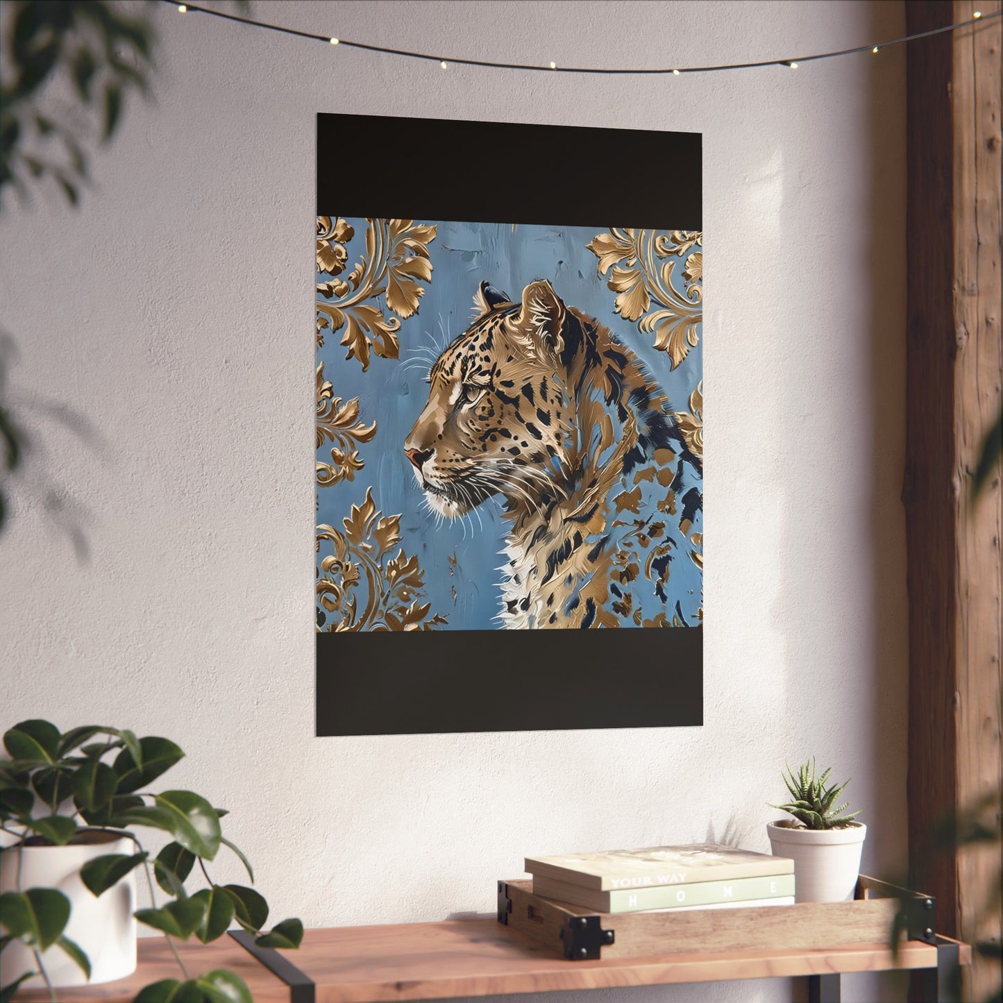 Floral Motif Art Poster - Elegant Matte Vertical Wall Decor - Leopard In Blue & Gold Damask