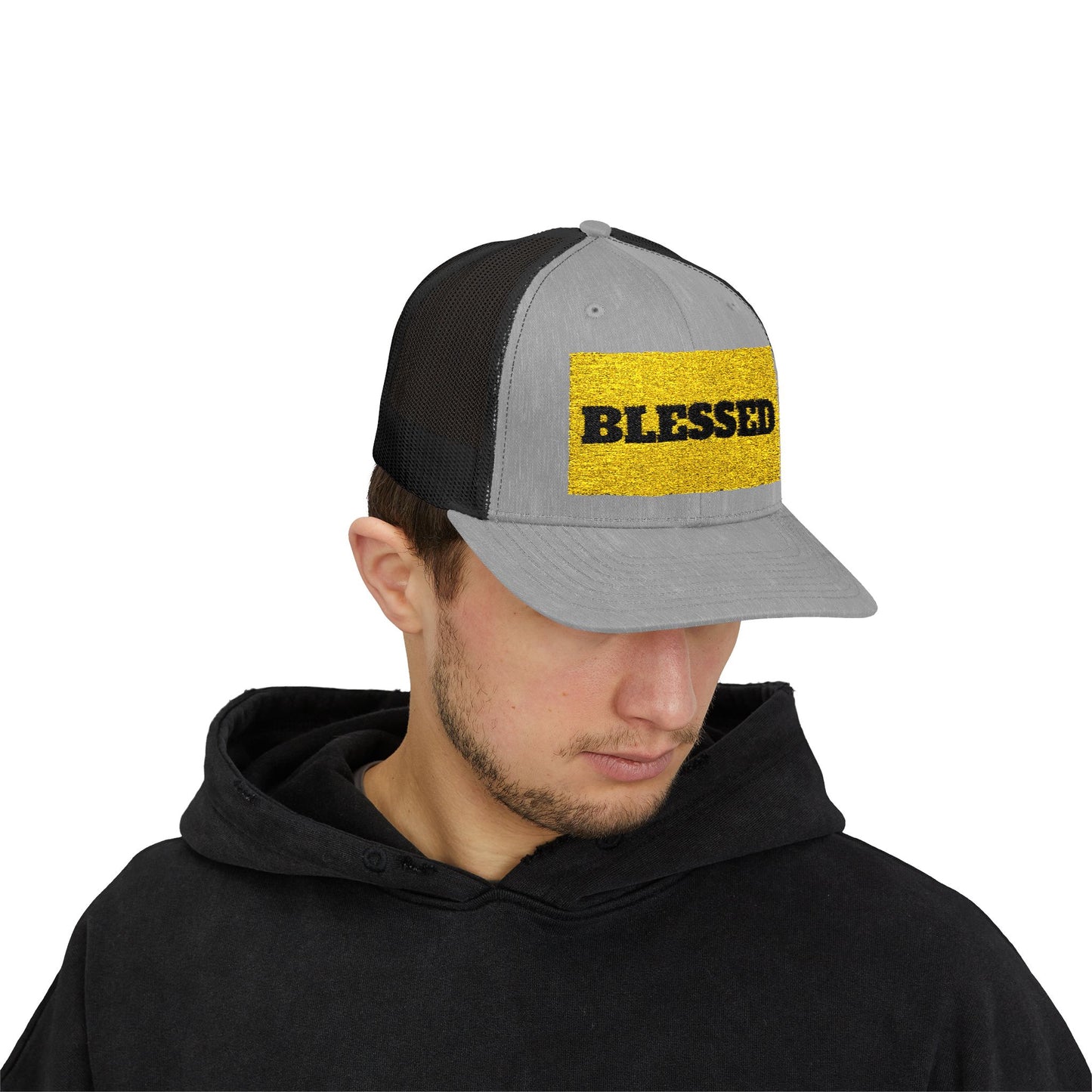 Blessed In Gold Snapback Trucker Cap for Everyday Inspiration, Faith-Based Accessory, Adjustable Hat, Gift for Friends, Motivational Cap
