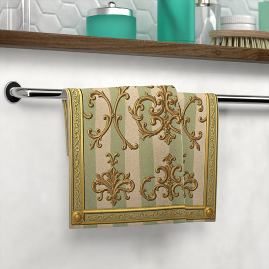 Elegant Vintage Decorative Face Towel, Luxurious Bath Towel, Home Spa Gift, Bridal Shower Decor - Mint & Beige Striped Gold Baroque
