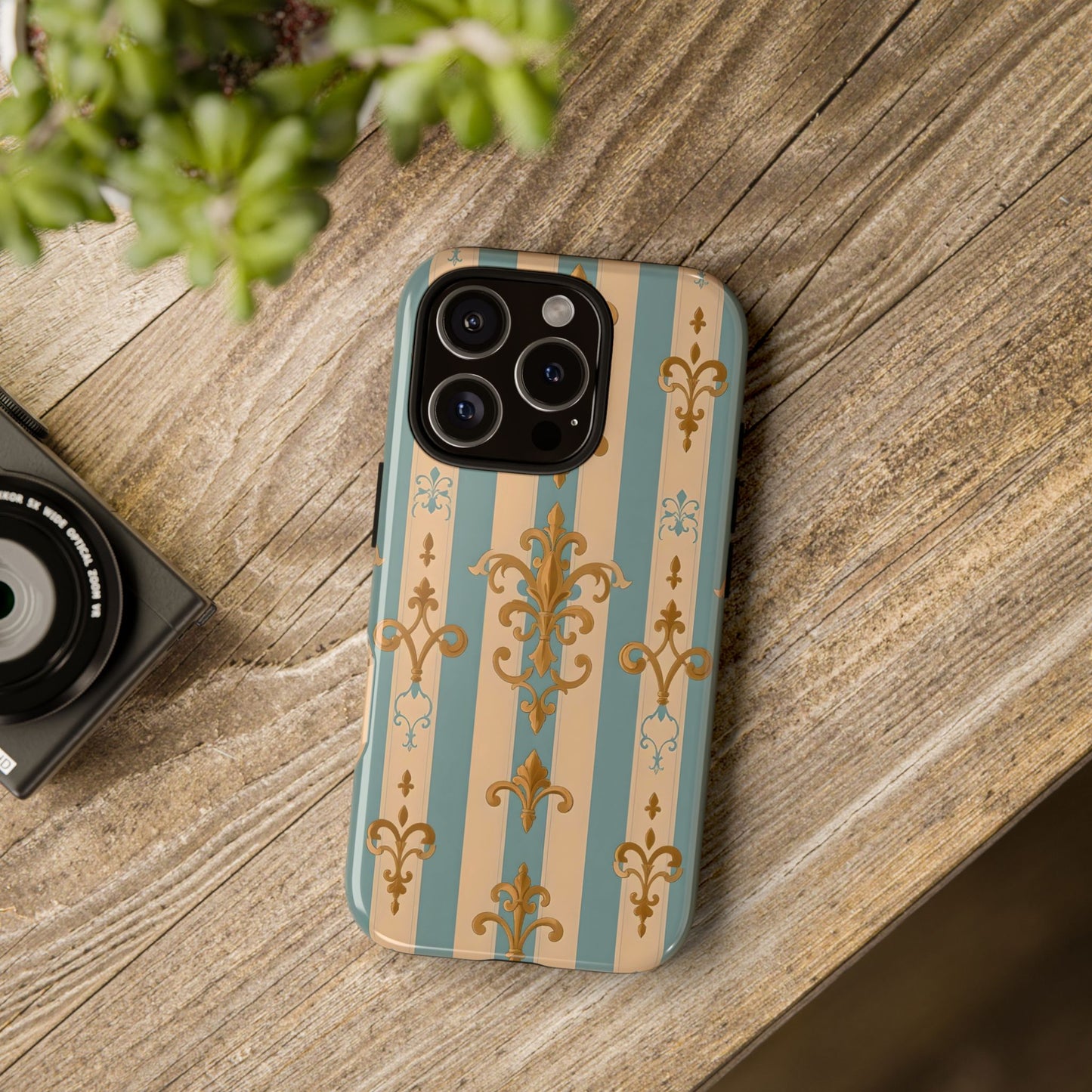 Elegant Floral Motif Phone Case - Tough Cases with Vintage Design -  Beige & Sky Blue Striped Gold Damask