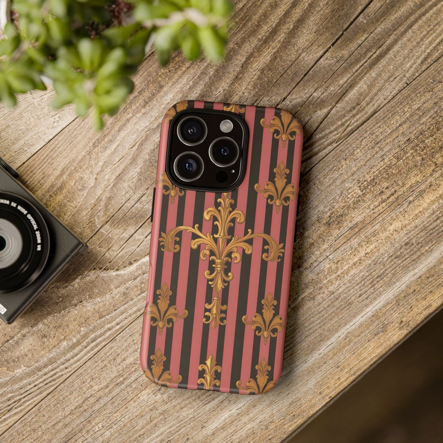 Elegant Floral Motif Phone Case - Tough Cases with Vintage Design - Mauve Striped Gold Damask
