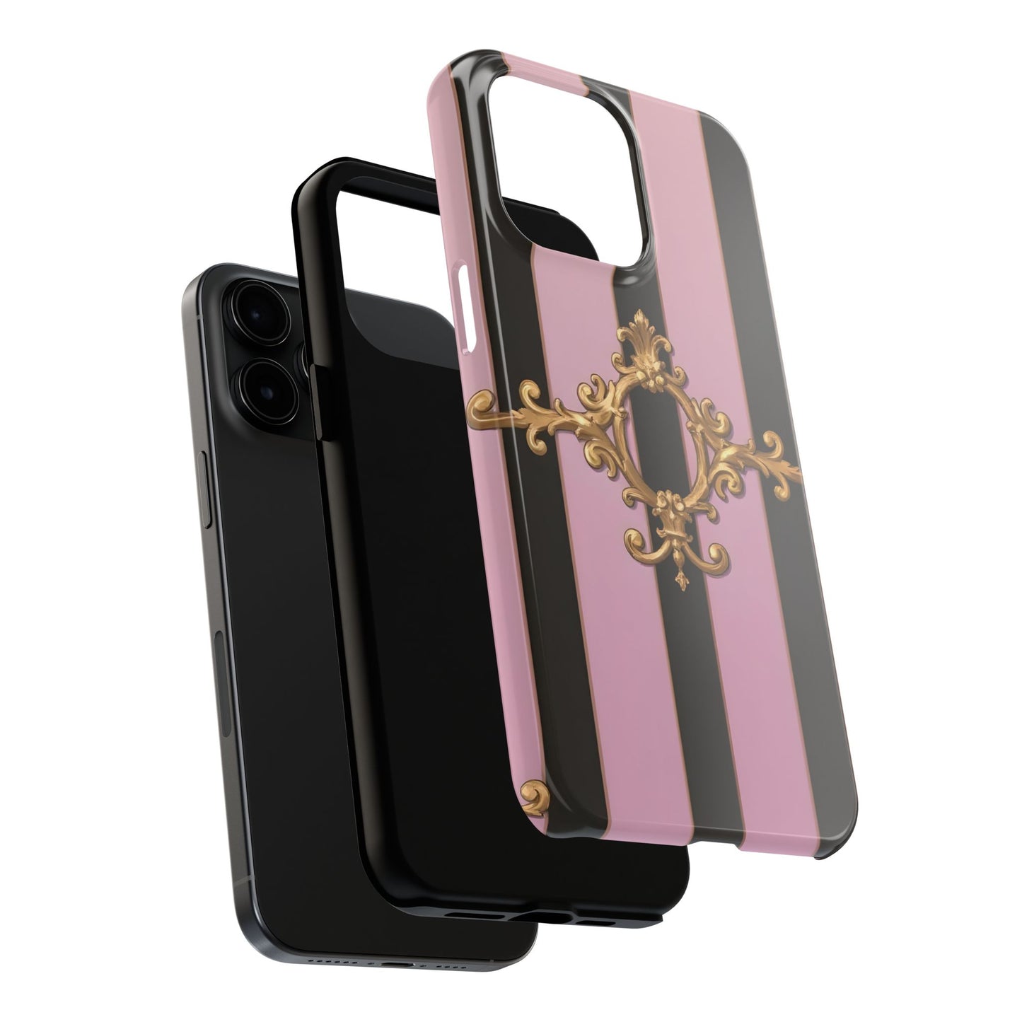 Stylish Tough Phone Case for Elegant Protection, Fashionable Accessories, Smartphone Cover - Matte Lavender & Black Striped Gold Baroque