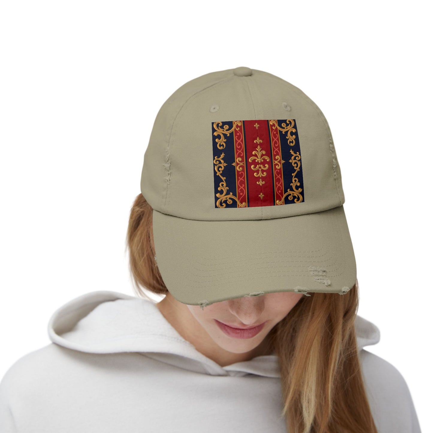Vintage-Inspired Distressed Cap, Stylish Hat, Perfect Gift for Friends, Fashion Accessory, Unisex Headwear - Midnight Blue & Dusk Red Gold Baroque