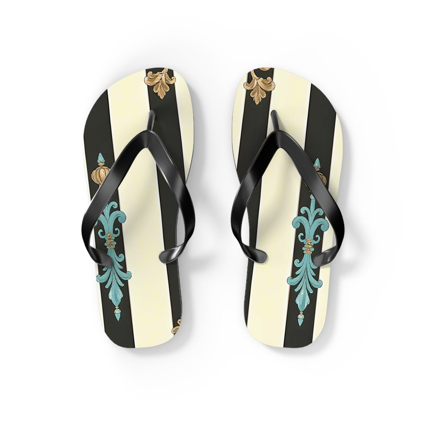 Stylish Flip Flops | Beach Sandals, Summer Footwear, Vacation Getaway, Casual Summer Style - Black Striped Turquoise & Black Rococo