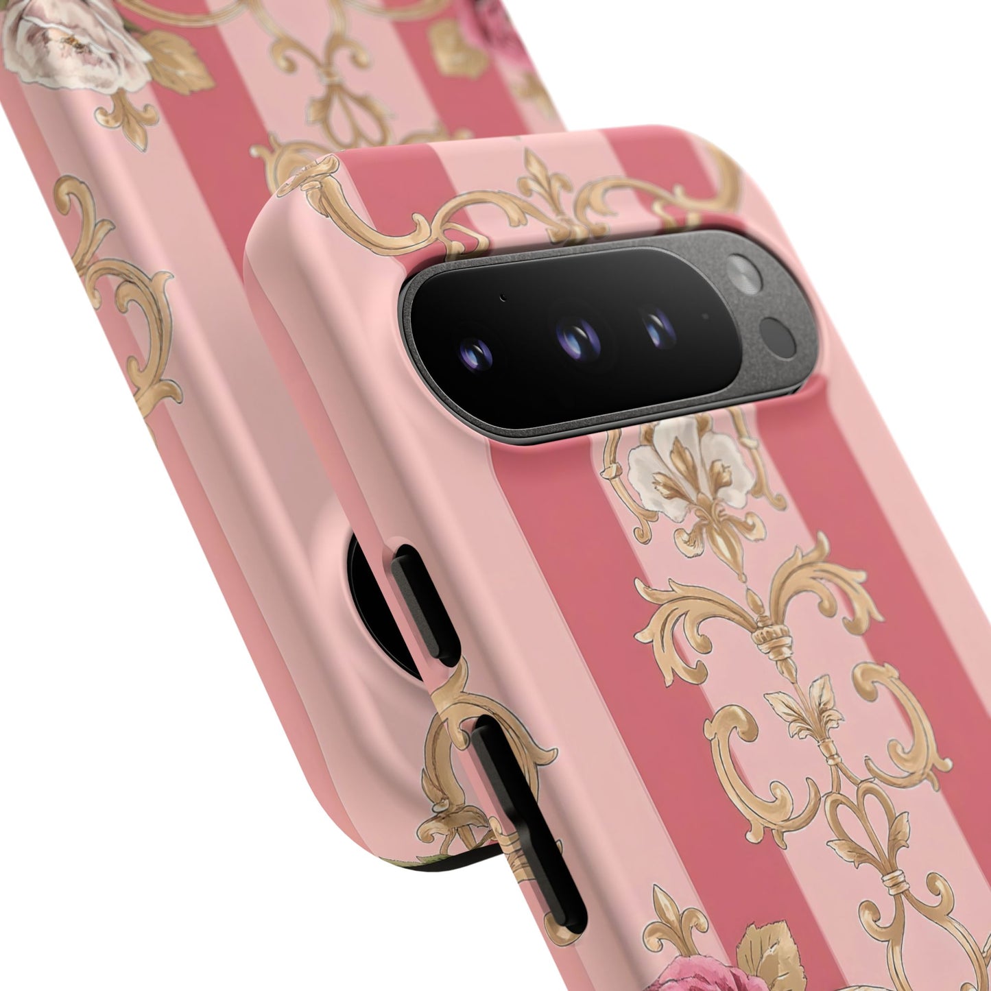 Elegant Floral Motif Phone Case - Tough Cases with Vintage Design - Pink Striped Roses & Damask