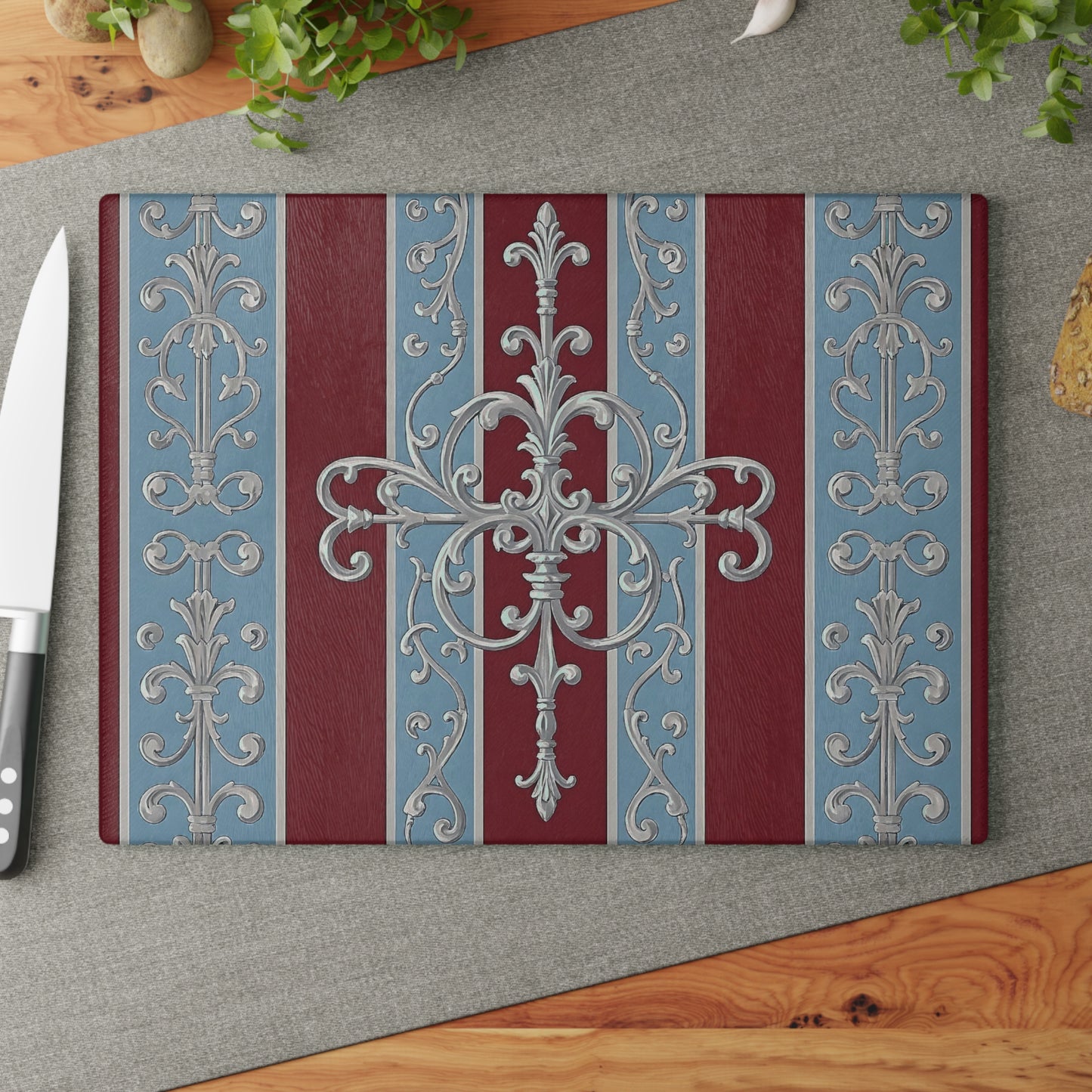 Elegant Floral Cutting Board for Home Chefs, Kitchen Decor, Gift for Weddings, Housewarmings - Ice Blue & Burgundy Striped Baroque