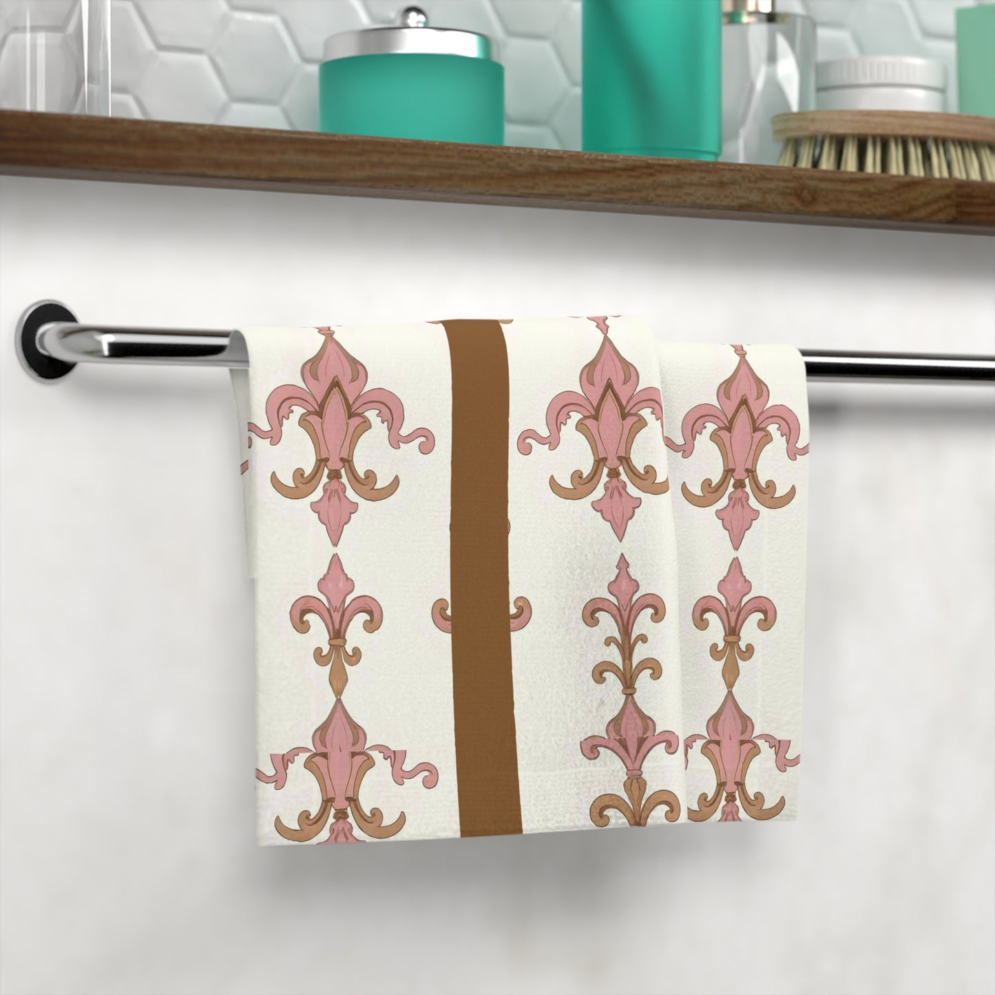 Elegant Patterned Face Towel, Soft Spa Towel, Bathroom Decor, Gift for Her, Luxe Wash Cloth, Home Essentials - Brown Striped Pink Arabesque