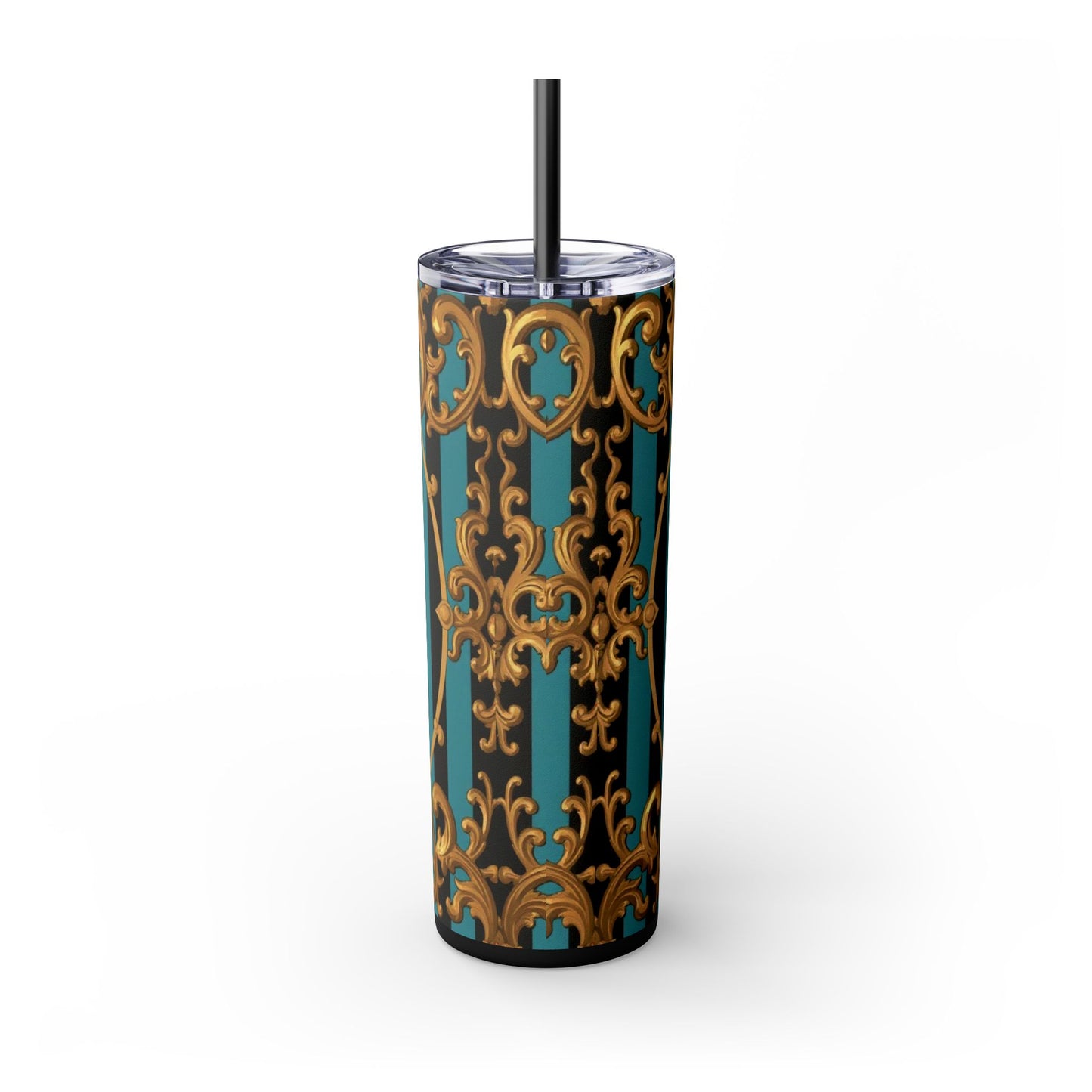 Elegant Turquoise & Black Striped Gold Baroque Skinny Tumbler with Straw, 20oz, Stylish Travel Mug, Party Favor, Birthday Gift, Drinkware