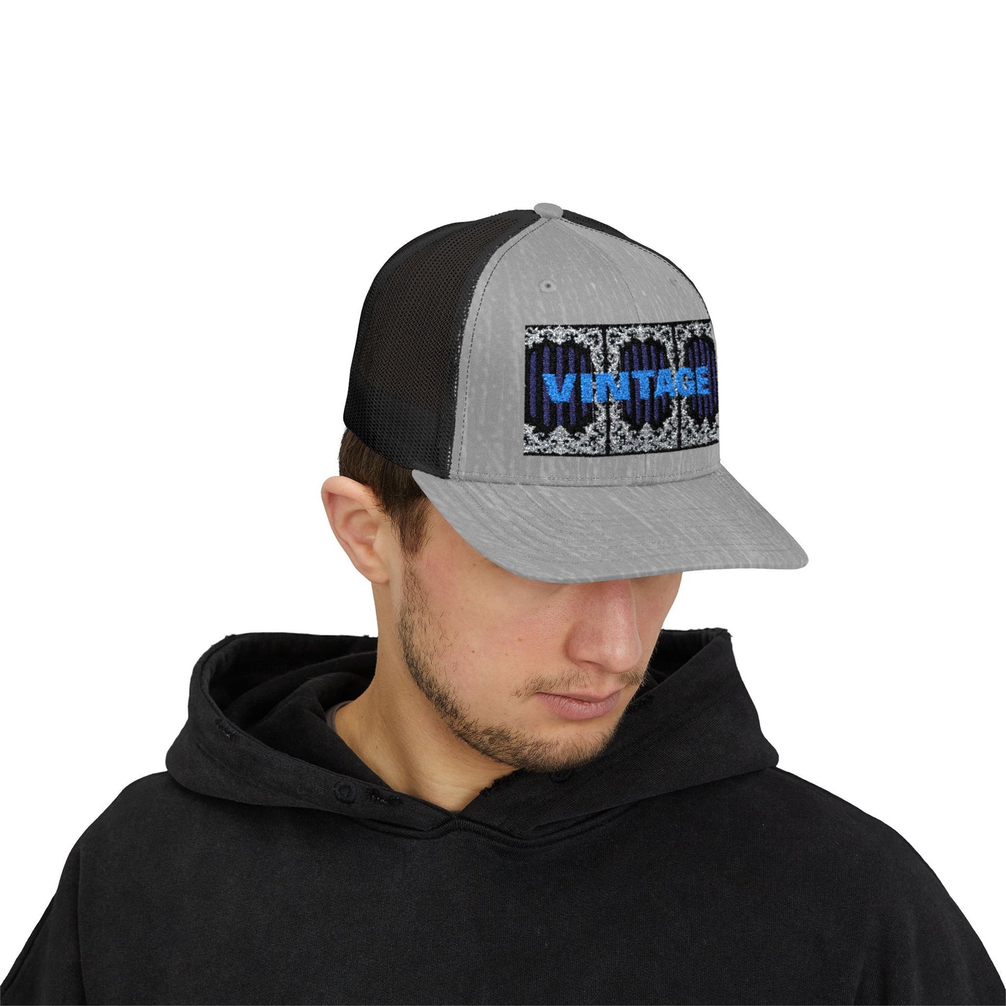 Vintage Navy Stripes & Baroque Trucker Cap — Retro 'VINTAGE' Embroidered Snapback