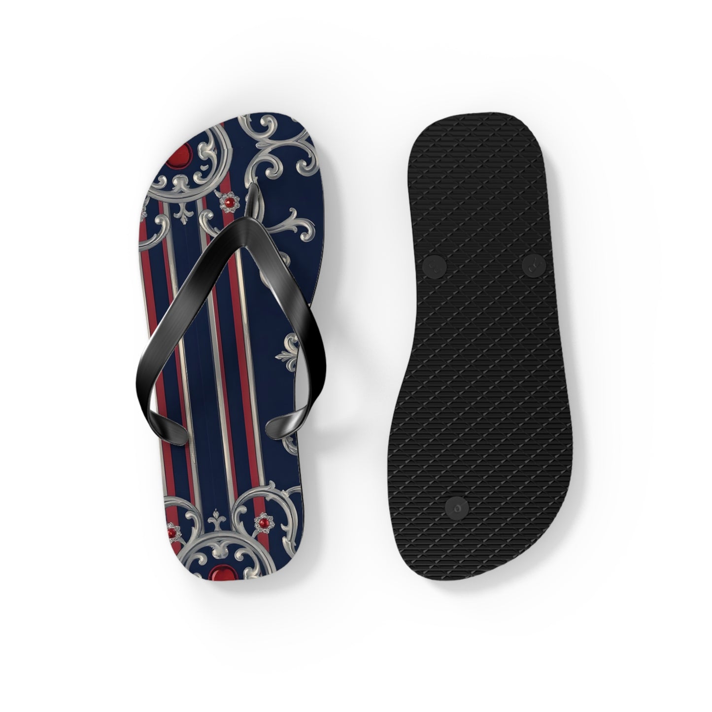 Elegant Nautical Flip Flops | Perfect for Beach Days, Summer Parties, Travel, Vacation, Poolside Relaxation - Blue & Red Striped Silver Baroque